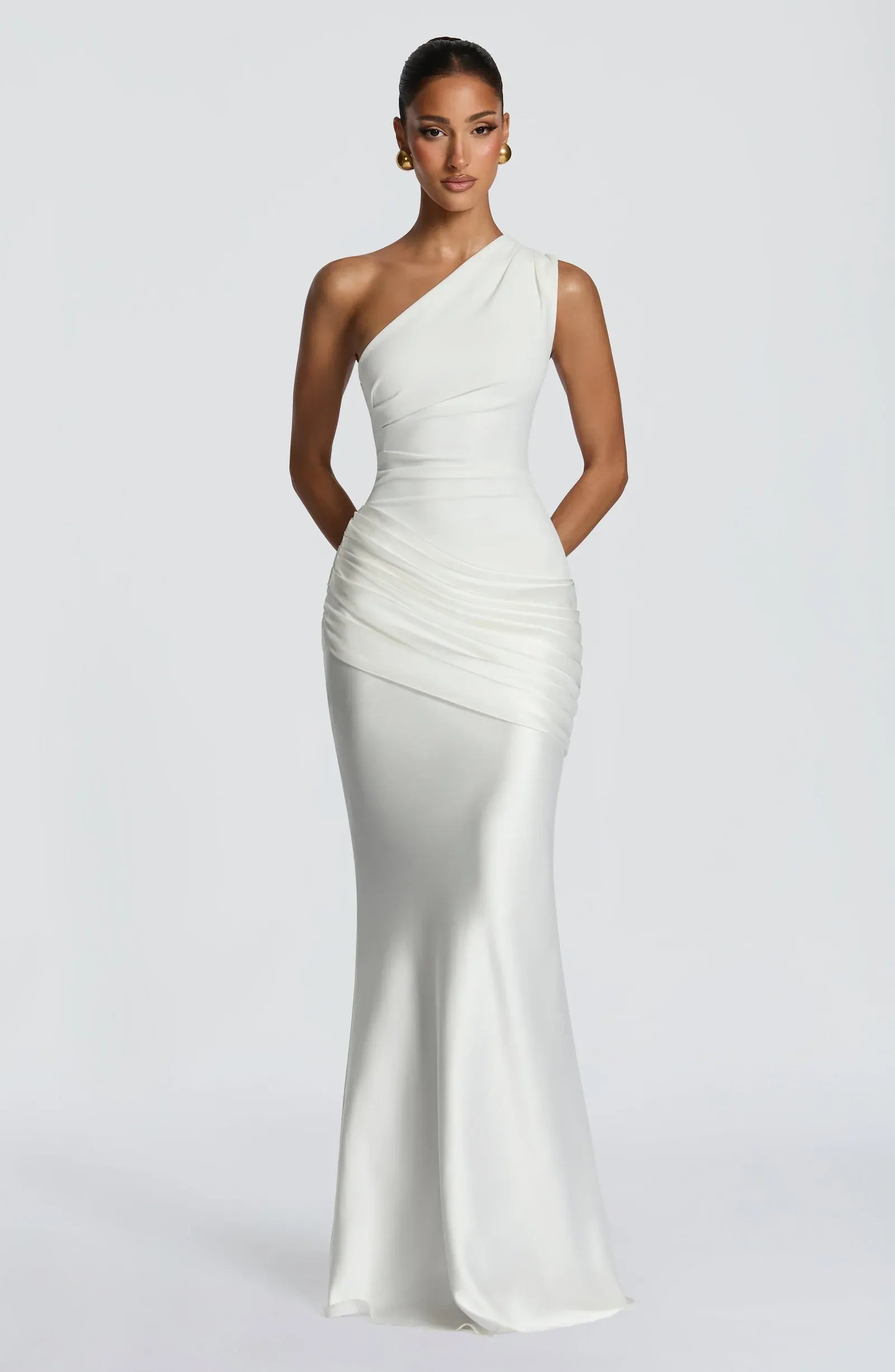 One Shoulder Side Draped Ruched White Satin Mermaid Maxi Wedding Guest Dresses