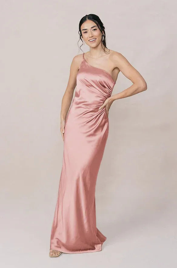 One Shoulder Side Ruched High Slit Mermaid Satin Long Bridesmaid Dress