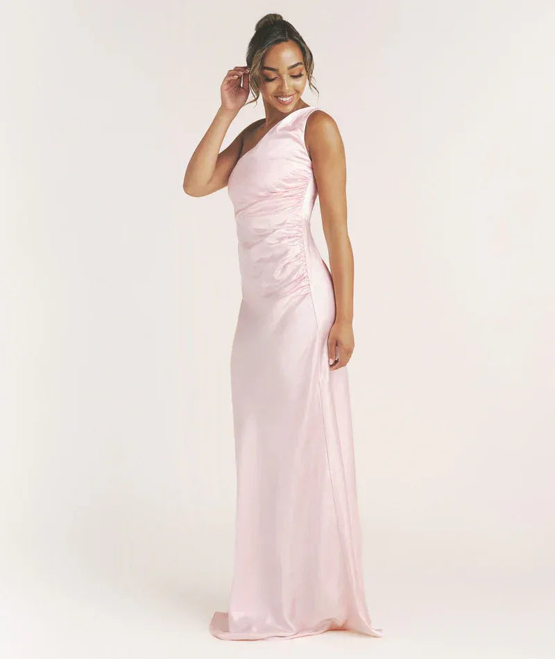 One Shoulder Side Ruched Mermaid Satin Long Bridesmaid Dress
