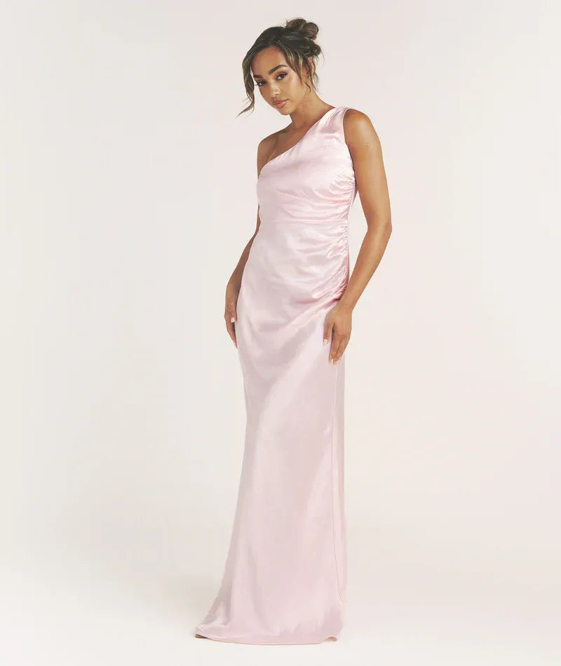 One Shoulder Side Ruched Mermaid Satin Long Bridesmaid Dress