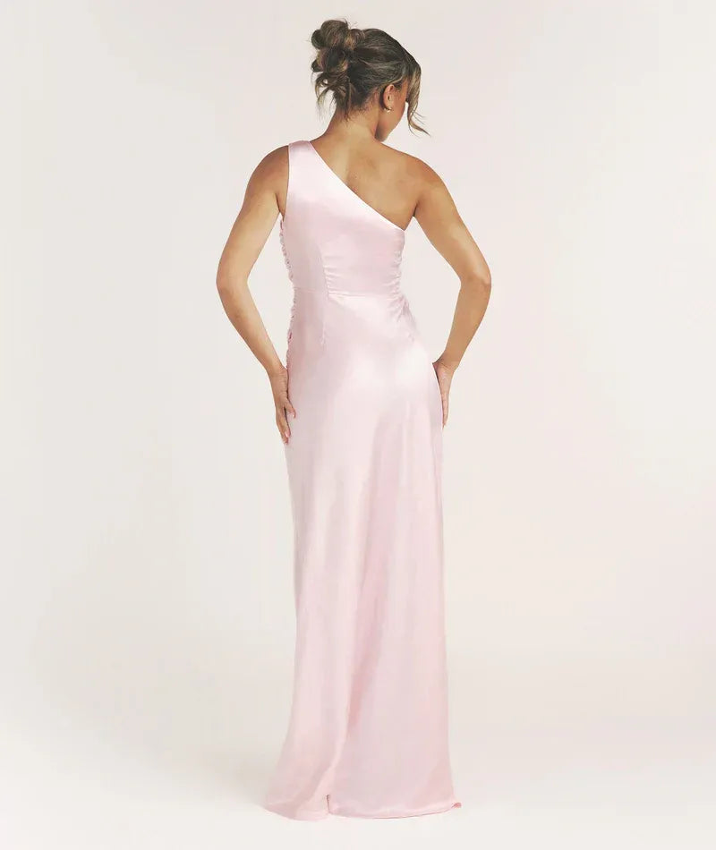 One Shoulder Side Ruched Mermaid Satin Long Bridesmaid Dress