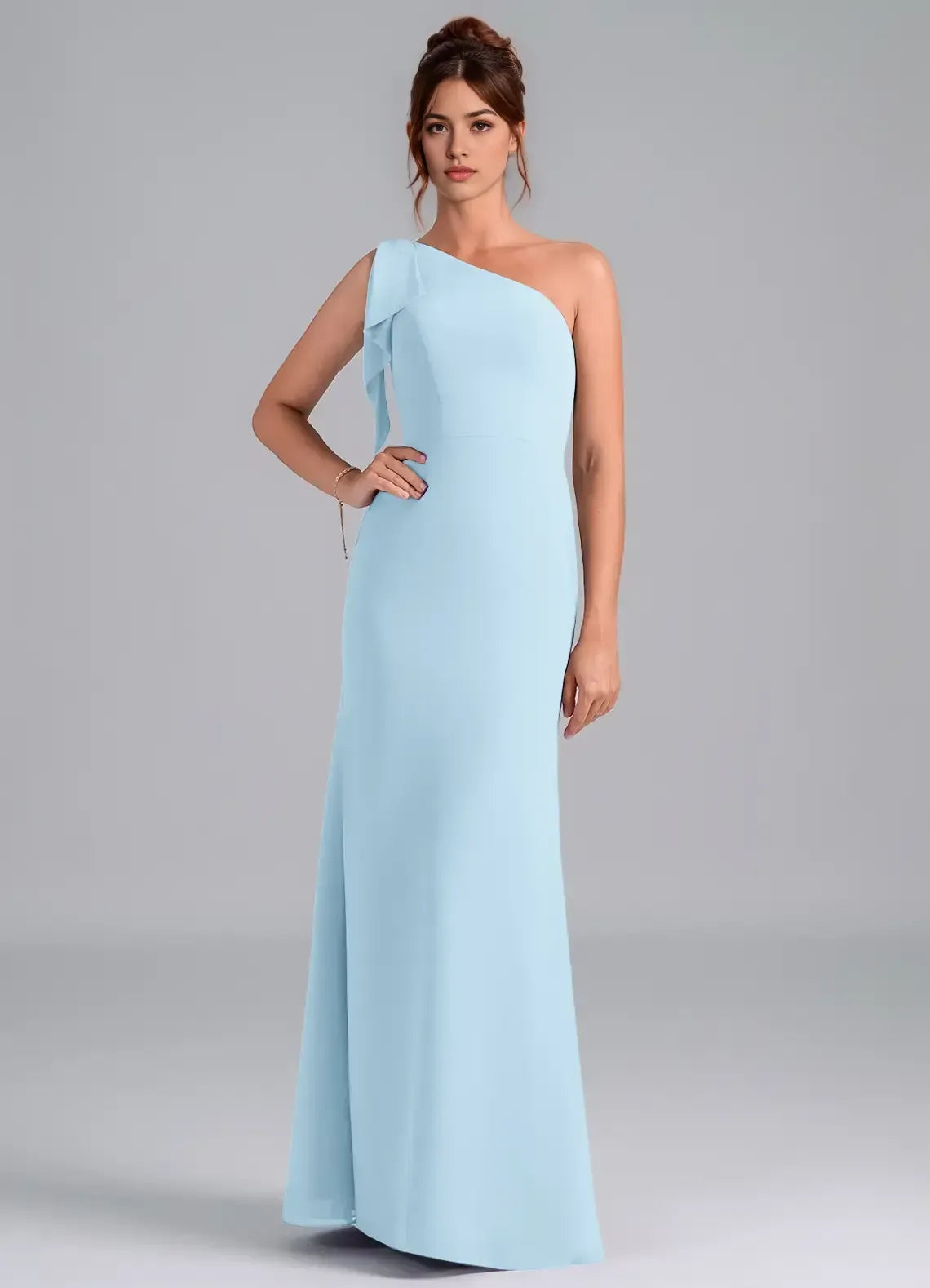 One Shoulder Side Ruffle Solid Crepe Mermaid Long Bridesmaid Dress