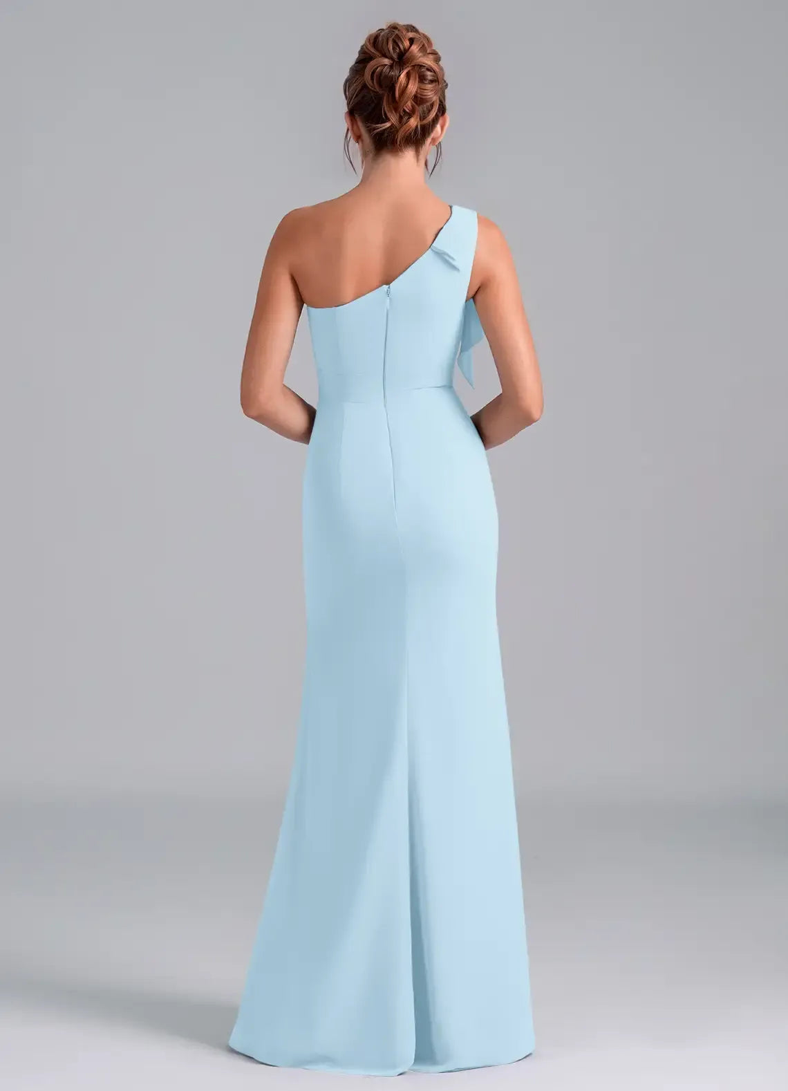 One Shoulder Side Ruffle Solid Crepe Mermaid Long Bridesmaid Dress