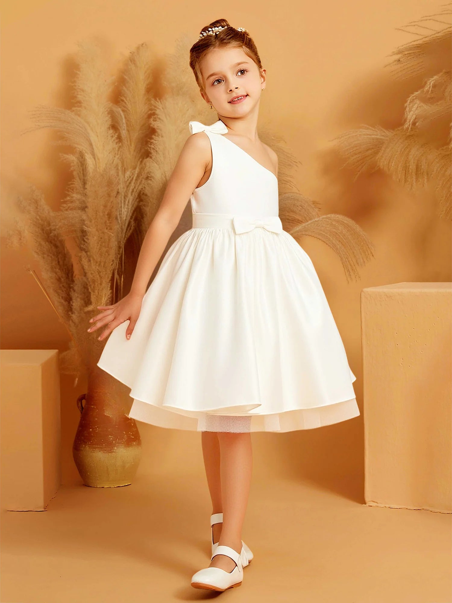 One Shoulder Small Bow Back Big Satin Bow White Satin Knee Length Flower Girl Dresses