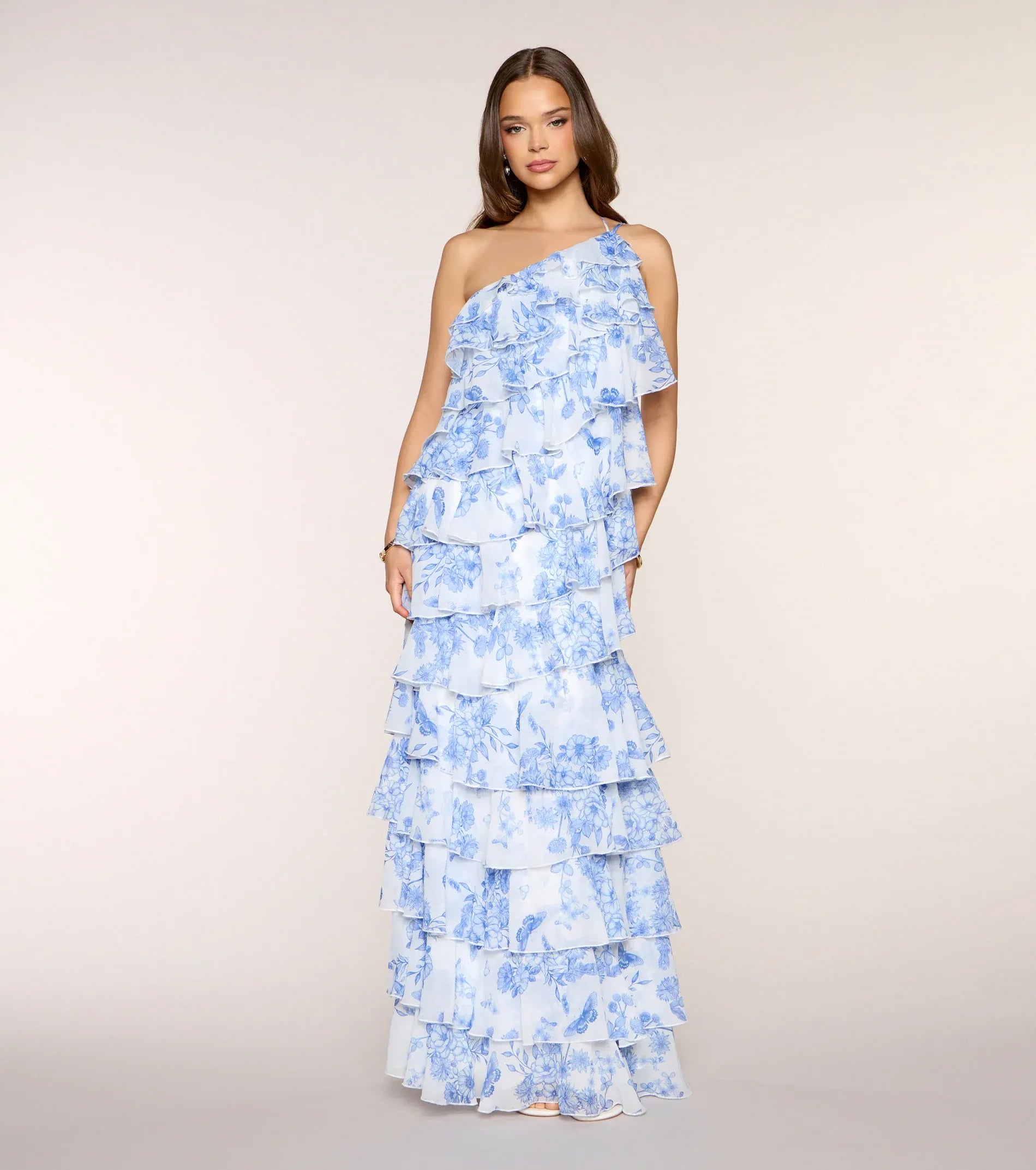 One Shoulder Thin Strap Tiered Ruffle Blue Floral Chiffon Open Back Maxi Wedding Guest Dress