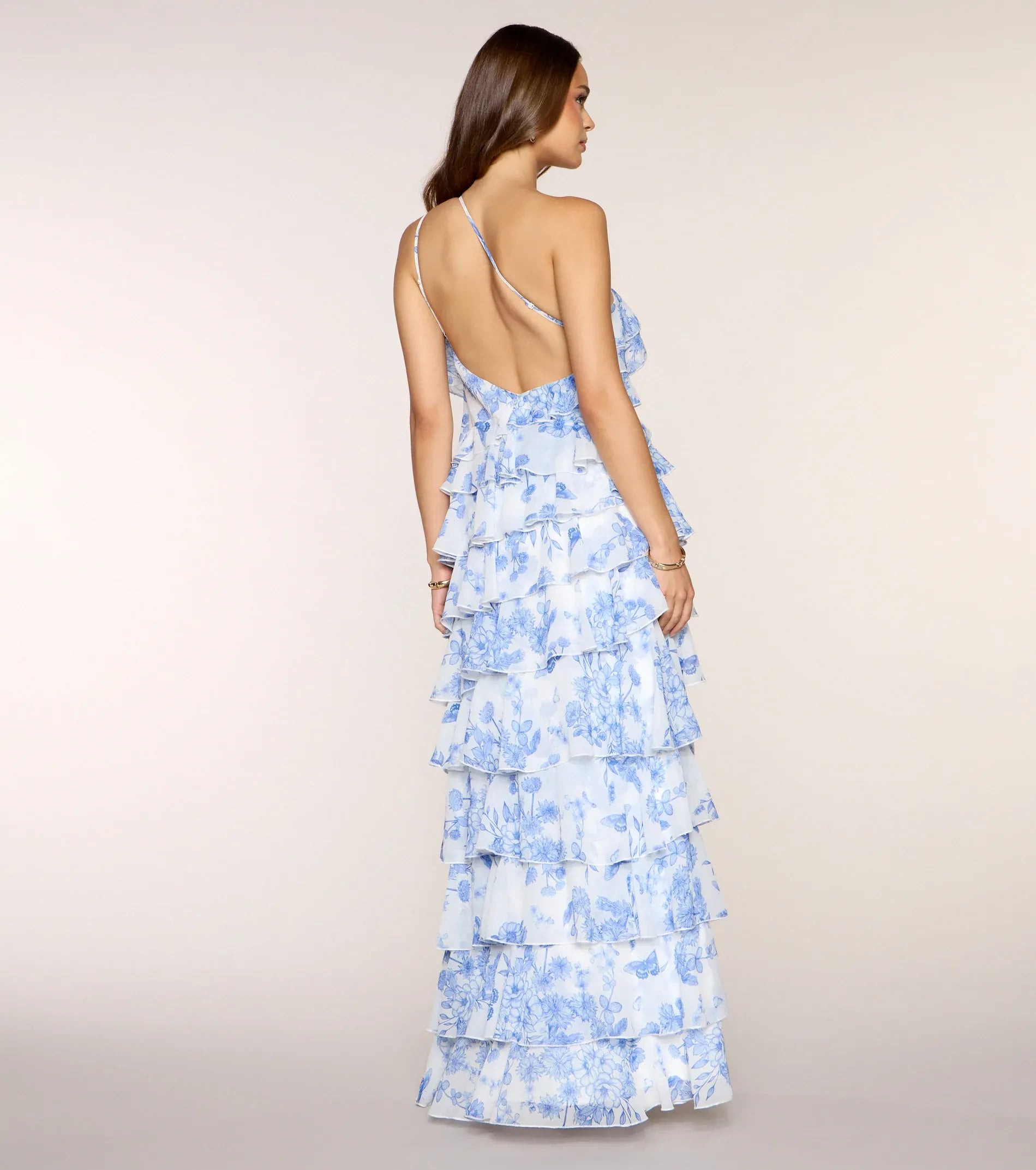 One Shoulder Thin Strap Tiered Ruffle Blue Floral Chiffon Open Back Maxi Wedding Guest Dress
