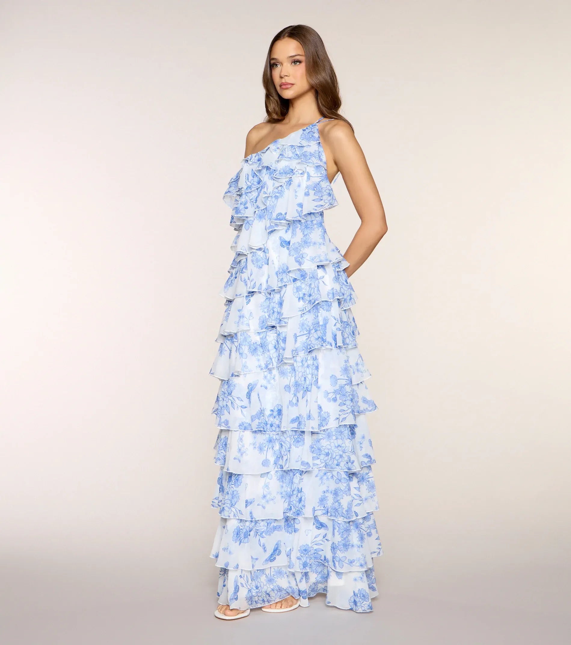 One Shoulder Thin Strap Tiered Ruffle Blue Floral Chiffon Open Back Maxi Wedding Guest Dress