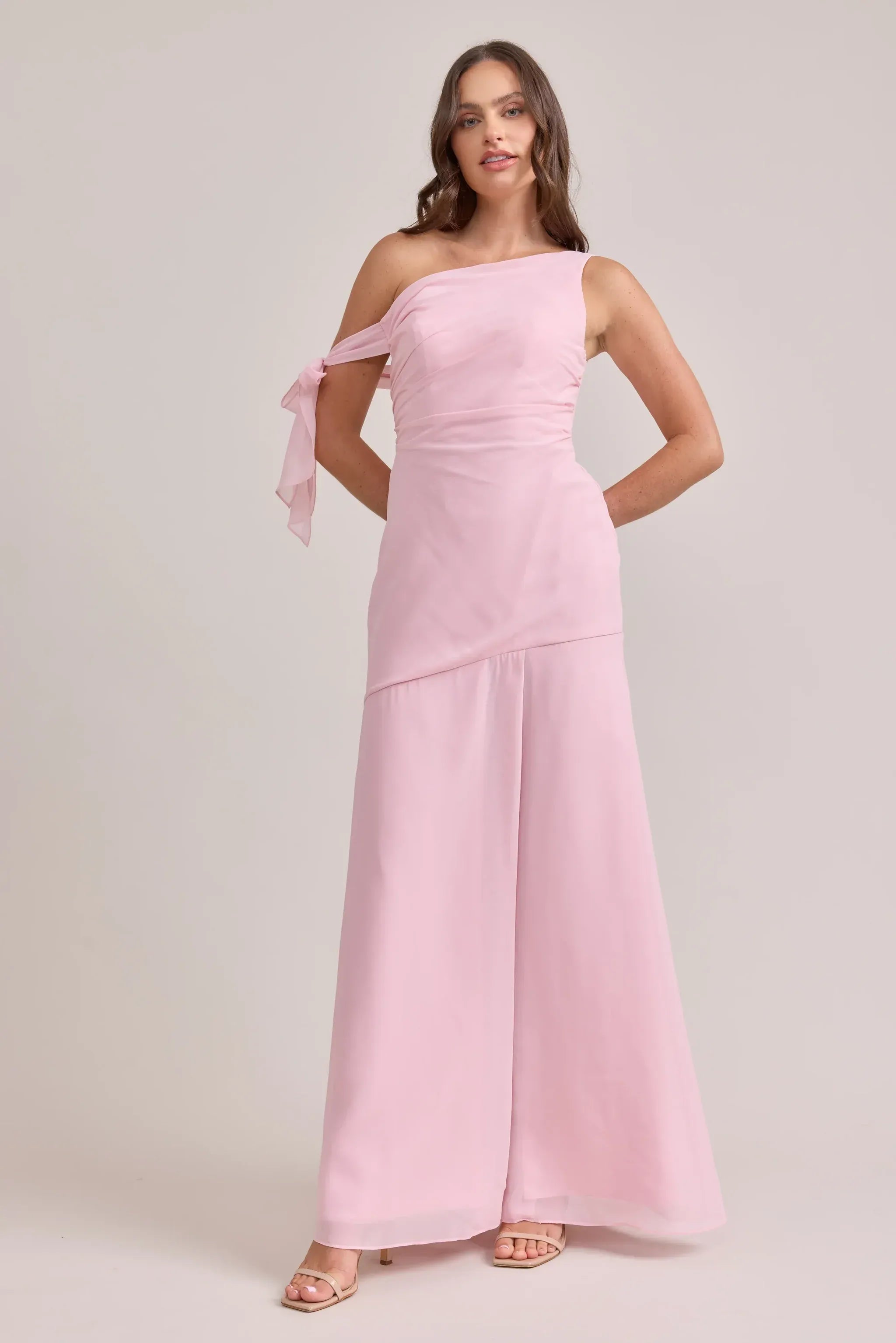 One Shoulder Tie Detail Asymmetrical Waist A Line Chiffon Long Bridesmaid Dress