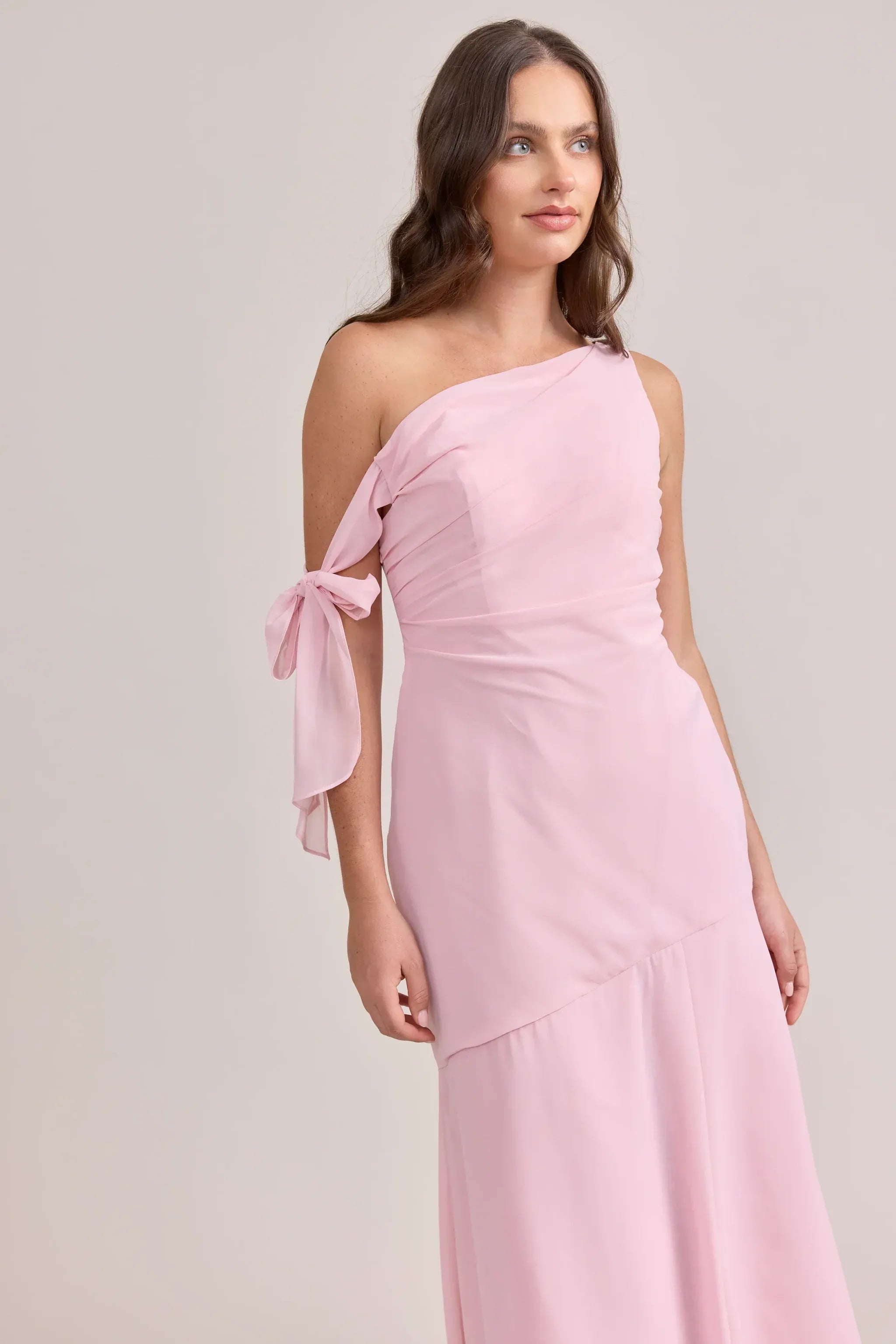 One Shoulder Tie Detail Asymmetrical Waist A Line Chiffon Long Bridesmaid Dress