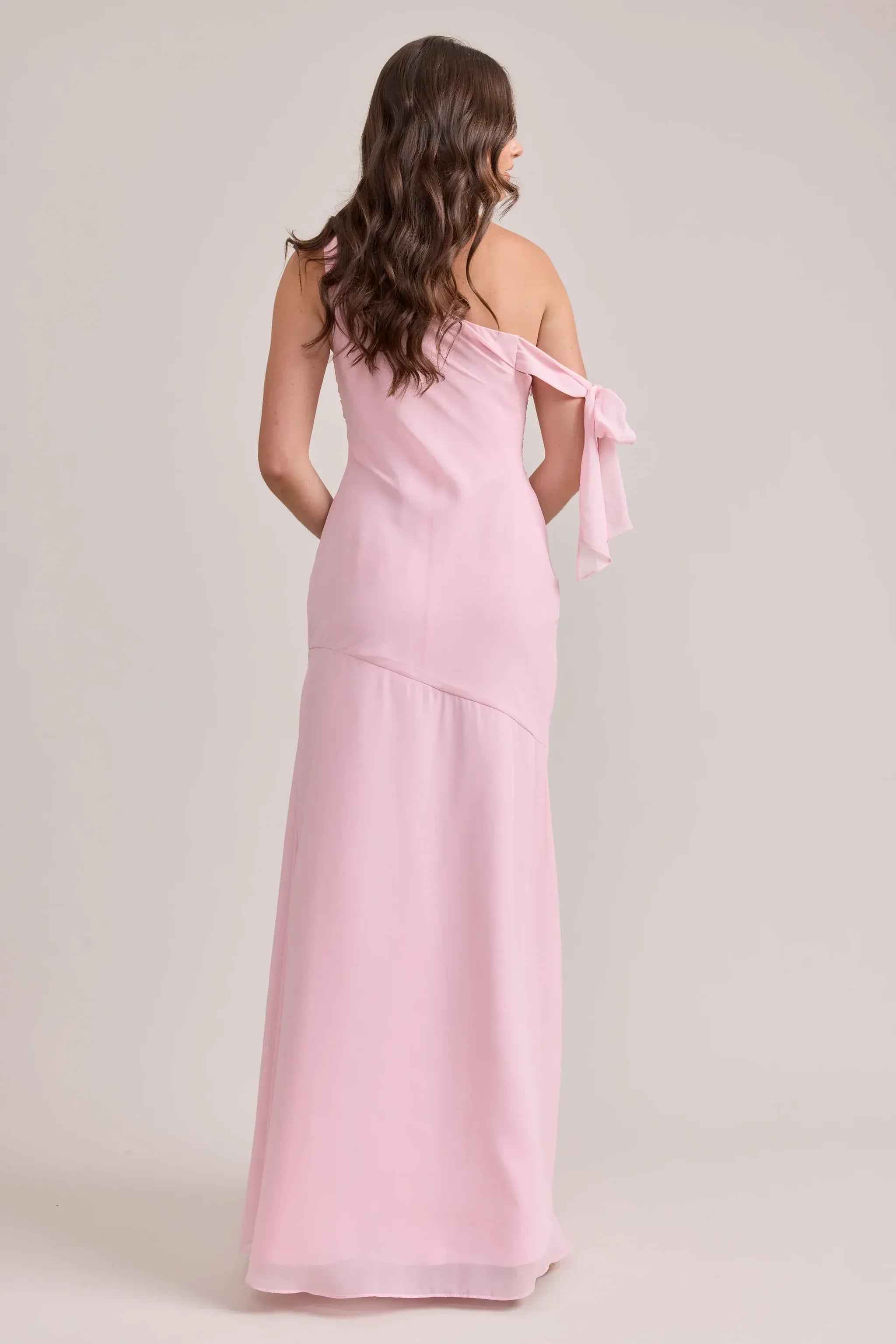 One Shoulder Tie Detail Asymmetrical Waist A Line Chiffon Long Bridesmaid Dress
