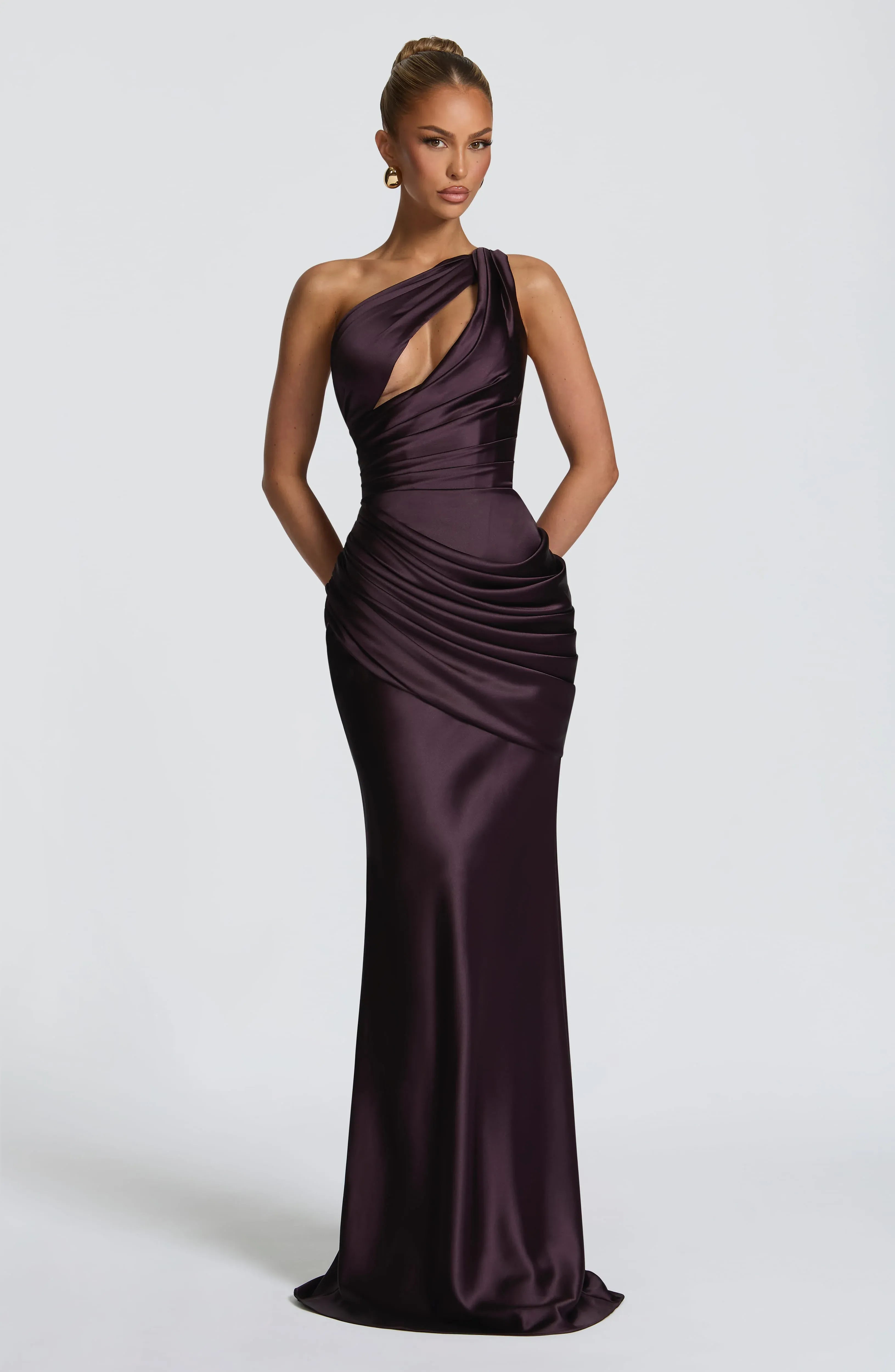 One Shoulder Twist Cutout Ruched Waist Pocket Dark Plum Satin Mermaid Maxi Wedding Guest Dresses