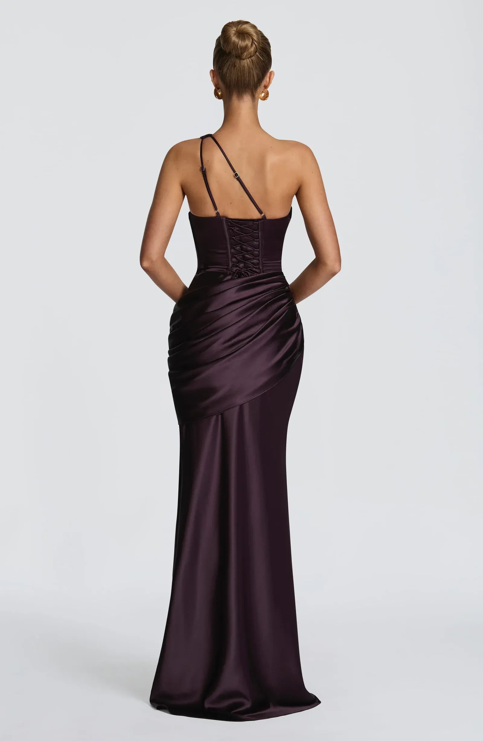 One Shoulder Twist Cutout Ruched Waist Pocket Dark Plum Satin Mermaid Maxi Wedding Guest Dresses