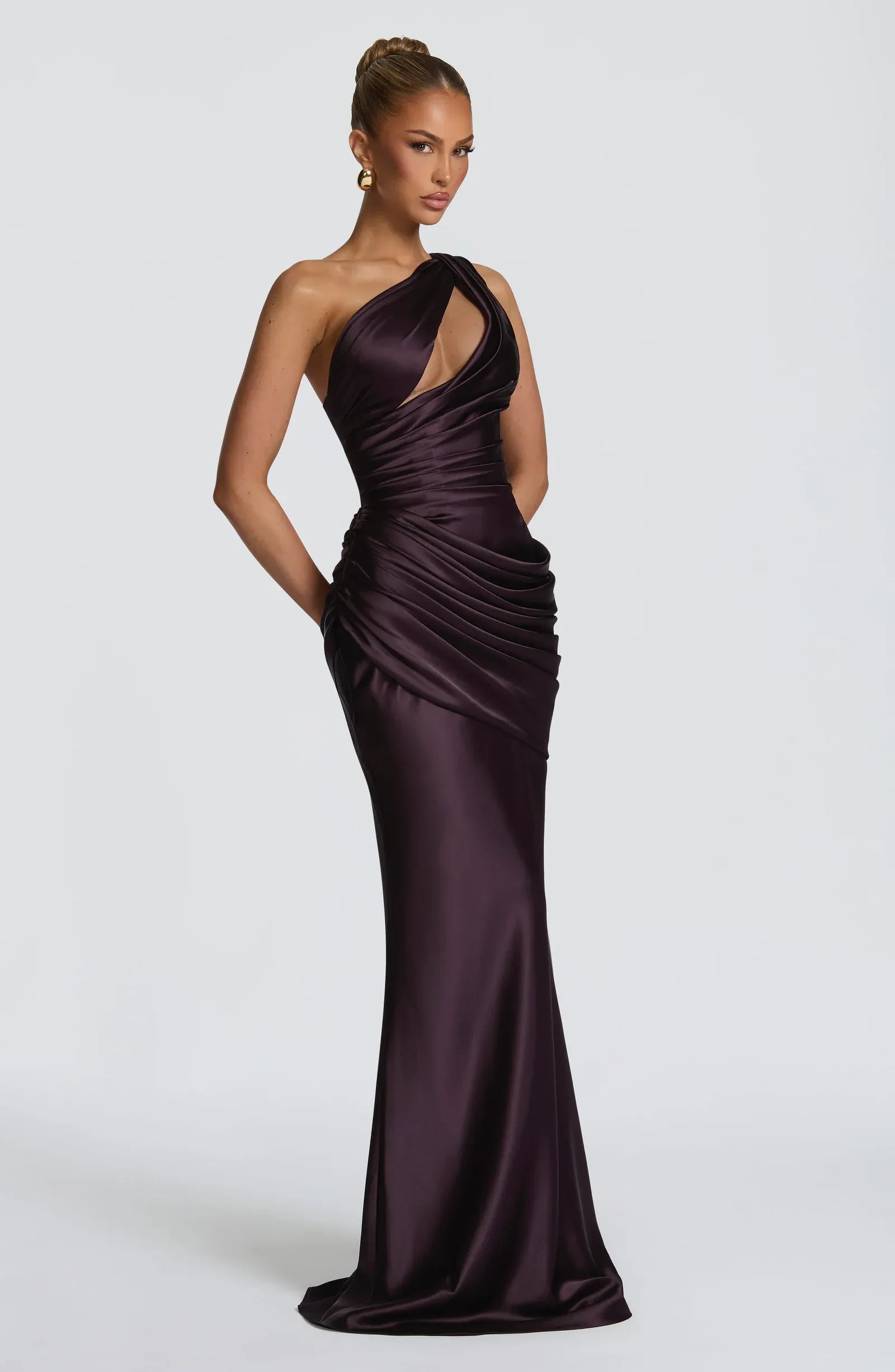 One Shoulder Twist Cutout Ruched Waist Pocket Dark Plum Satin Mermaid Maxi Wedding Guest Dresses