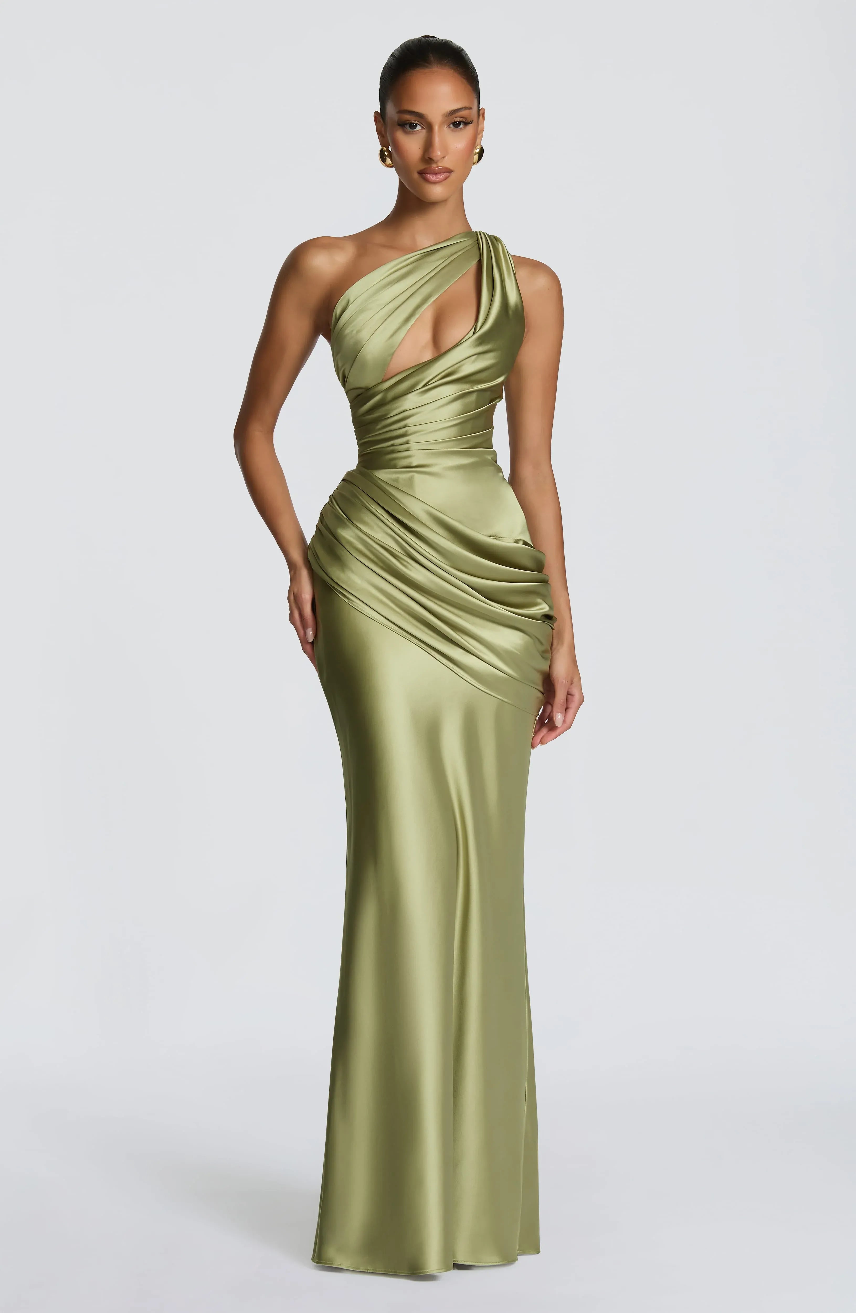 One Shoulder Twist Cutout Ruched Waist Sage Satin Mermaid Maxi Wedding Guest Dresses