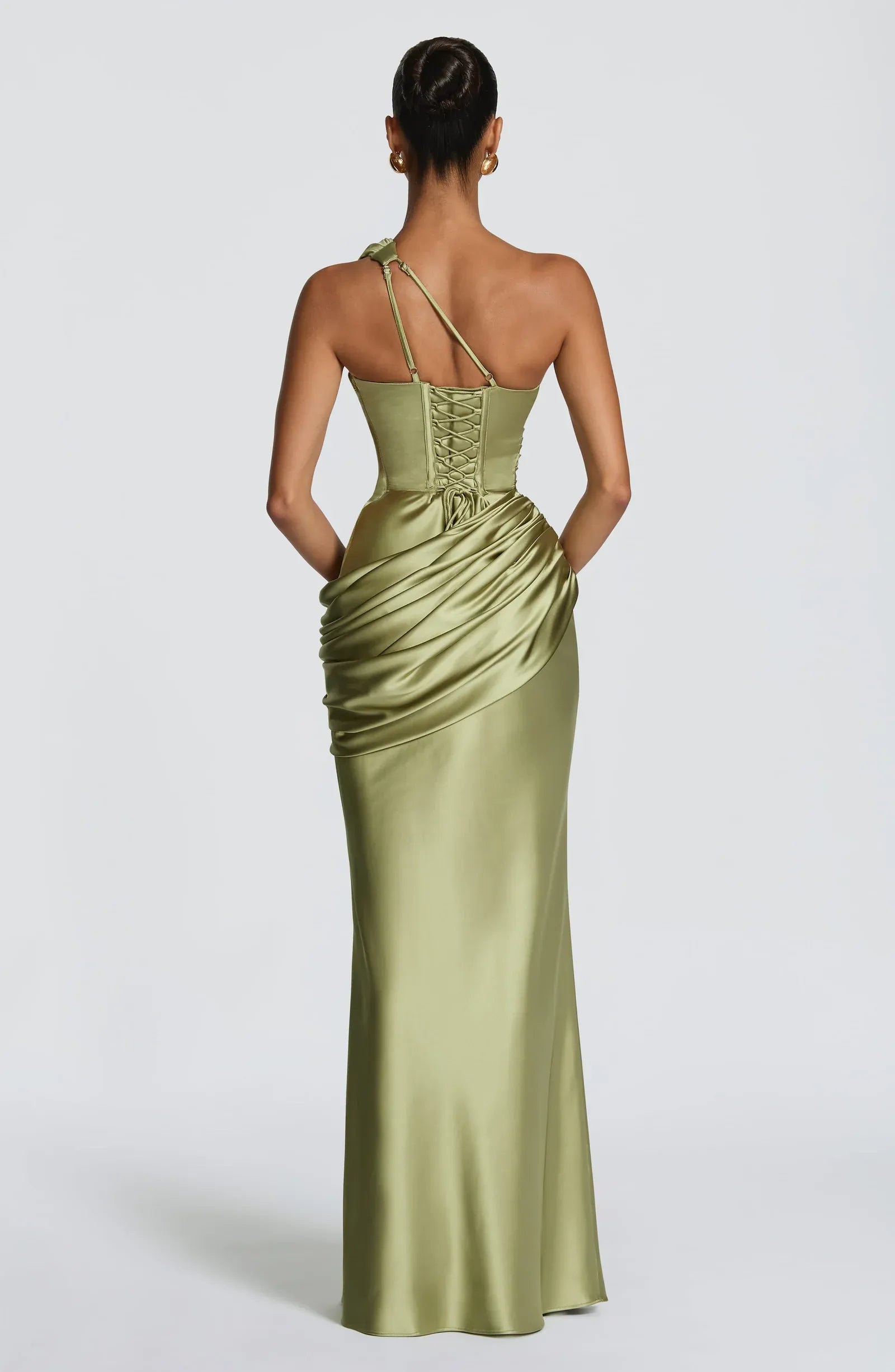 One Shoulder Twist Cutout Ruched Waist Sage Satin Mermaid Maxi Wedding Guest Dresses