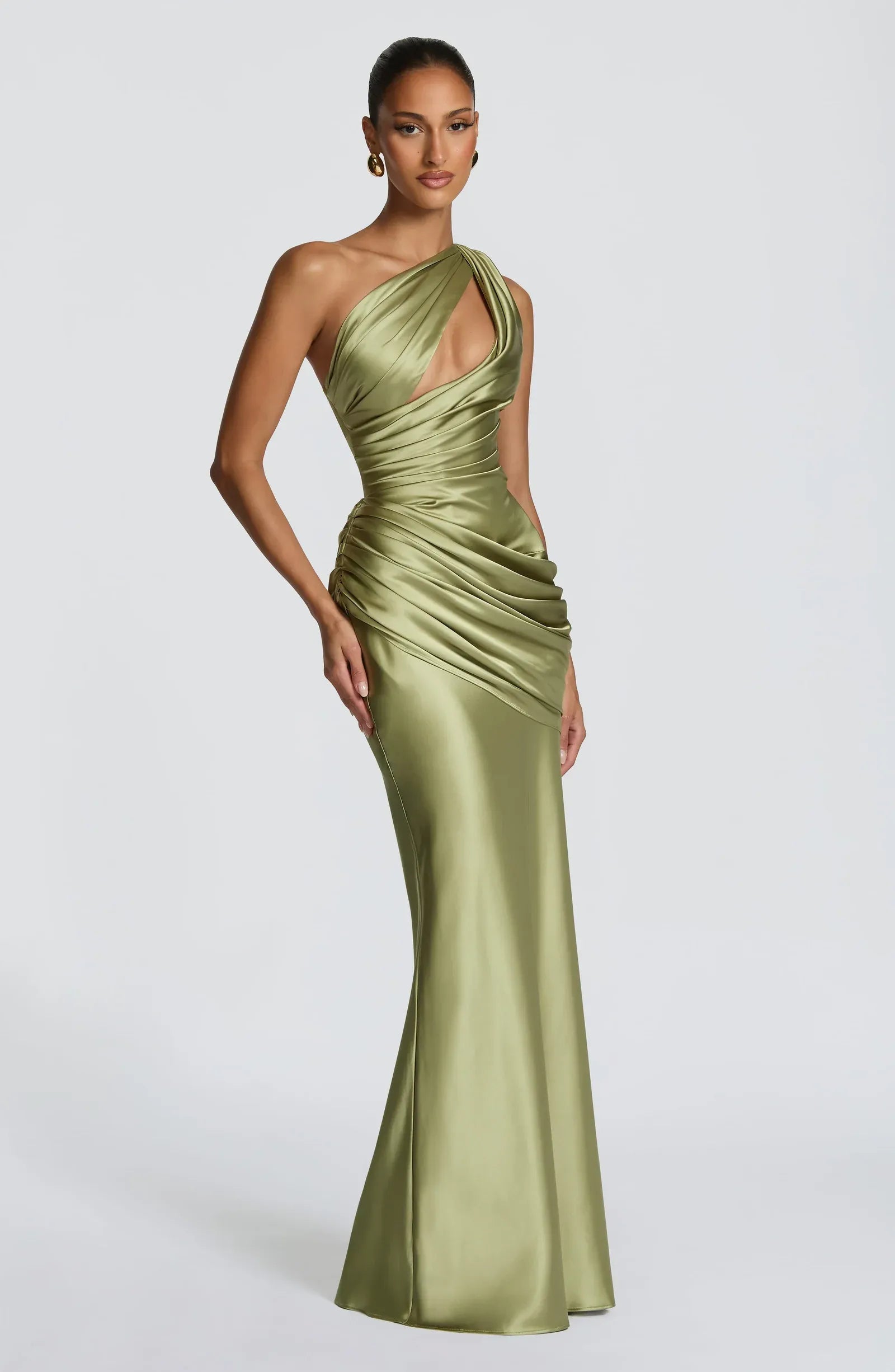 One Shoulder Twist Cutout Ruched Waist Sage Satin Mermaid Maxi Wedding Guest Dresses