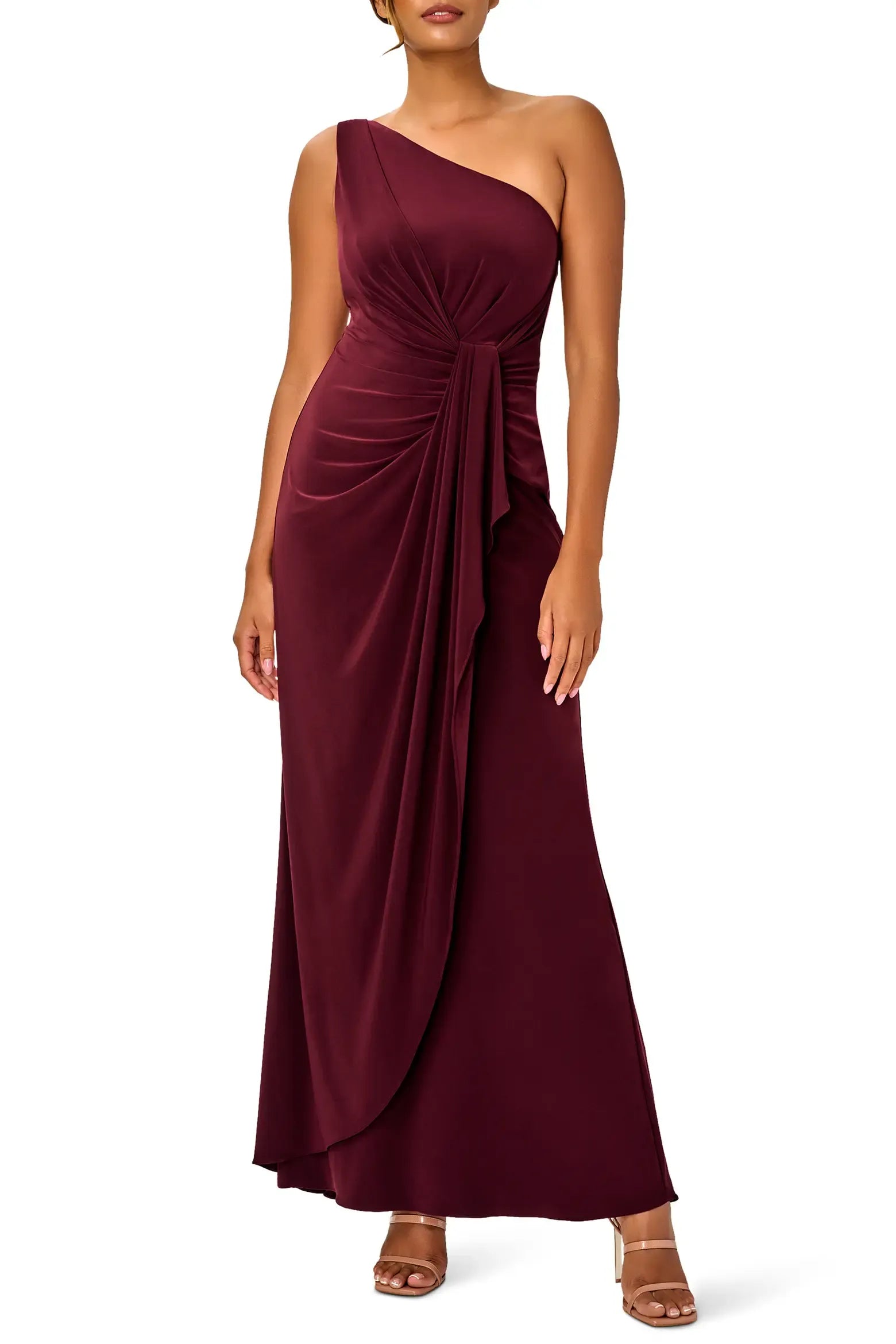 One Shoulder Twist Knot Drape Ruffle Plain Back Plain Slit Burgundy Jersey Mermaid Maxi Wedding Guest Dresses