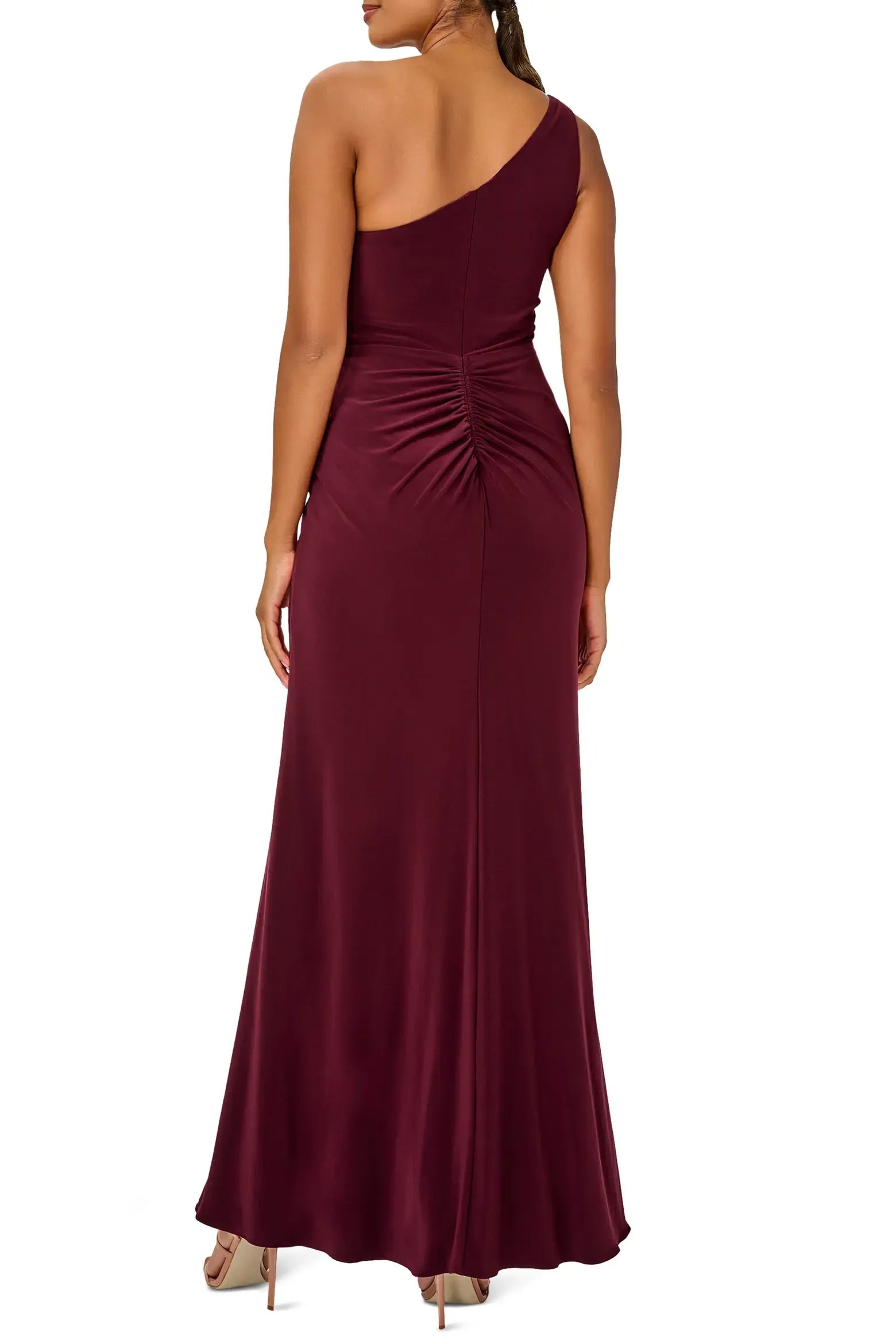 One Shoulder Twist Knot Drape Ruffle Plain Back Plain Slit Burgundy Jersey Mermaid Maxi Wedding Guest Dresses