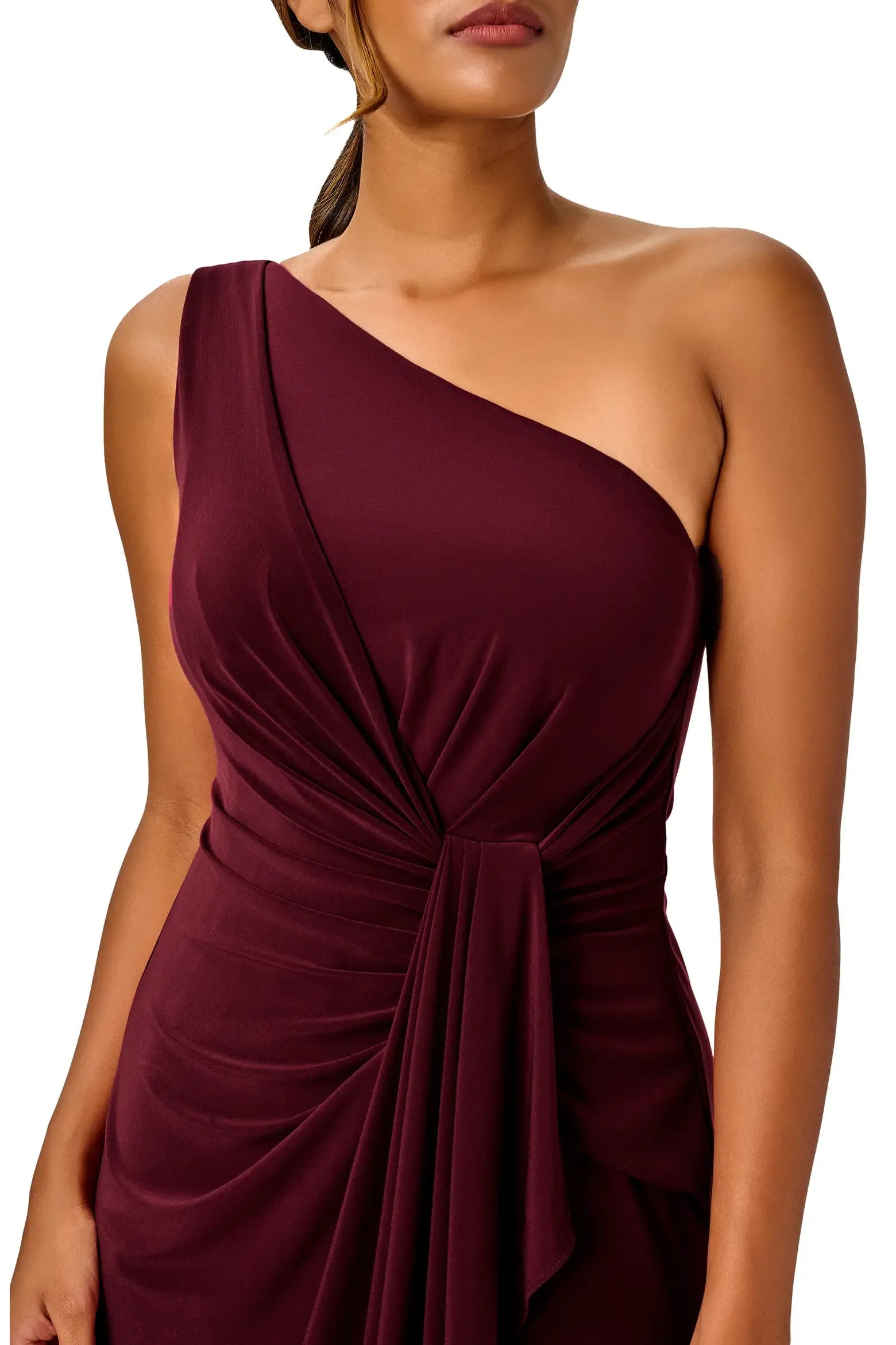 One Shoulder Twist Knot Drape Ruffle Plain Back Plain Slit Burgundy Jersey Mermaid Maxi Wedding Guest Dresses