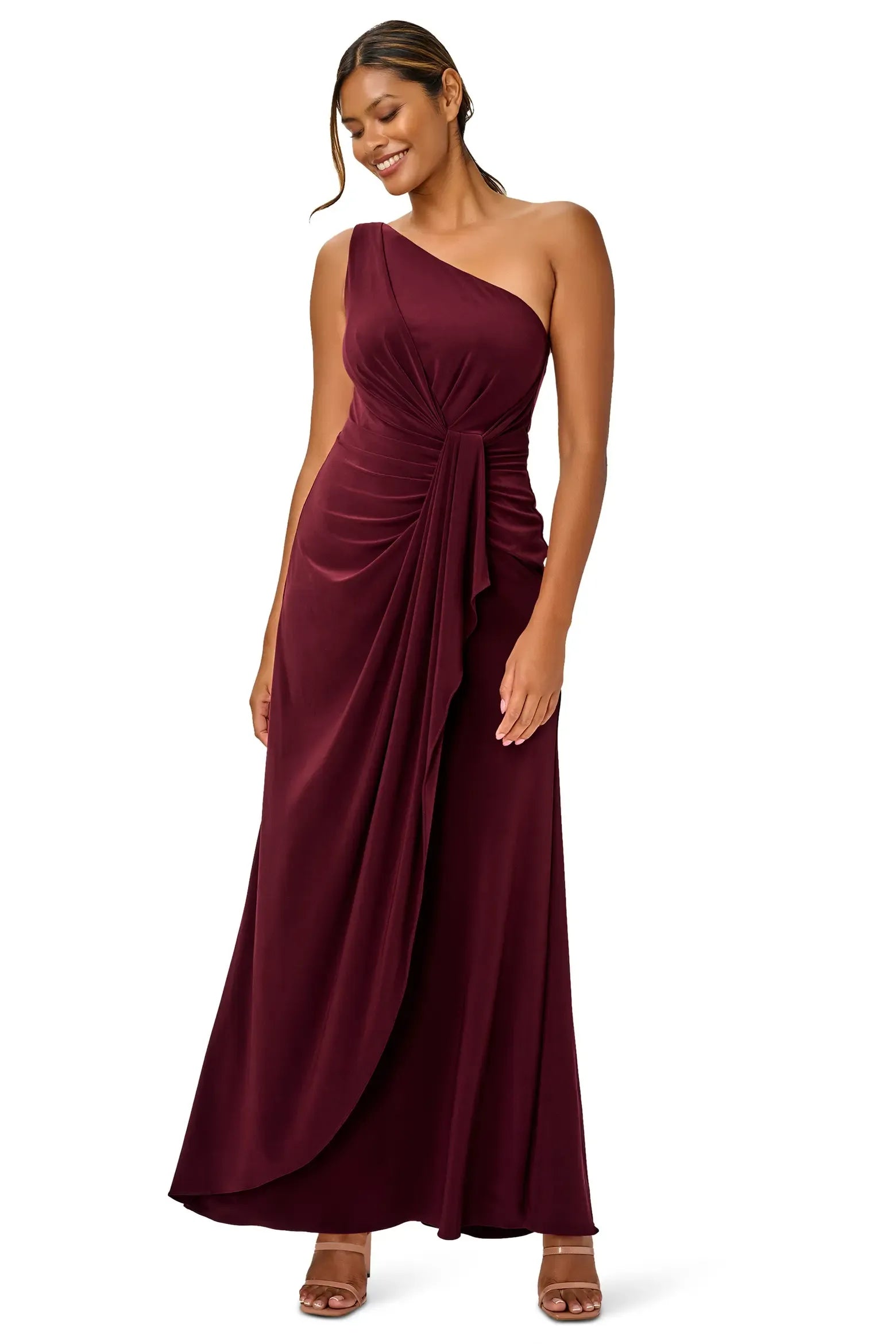 One Shoulder Twist Knot Drape Ruffle Plain Back Plain Slit Burgundy Jersey Mermaid Maxi Wedding Guest Dresses