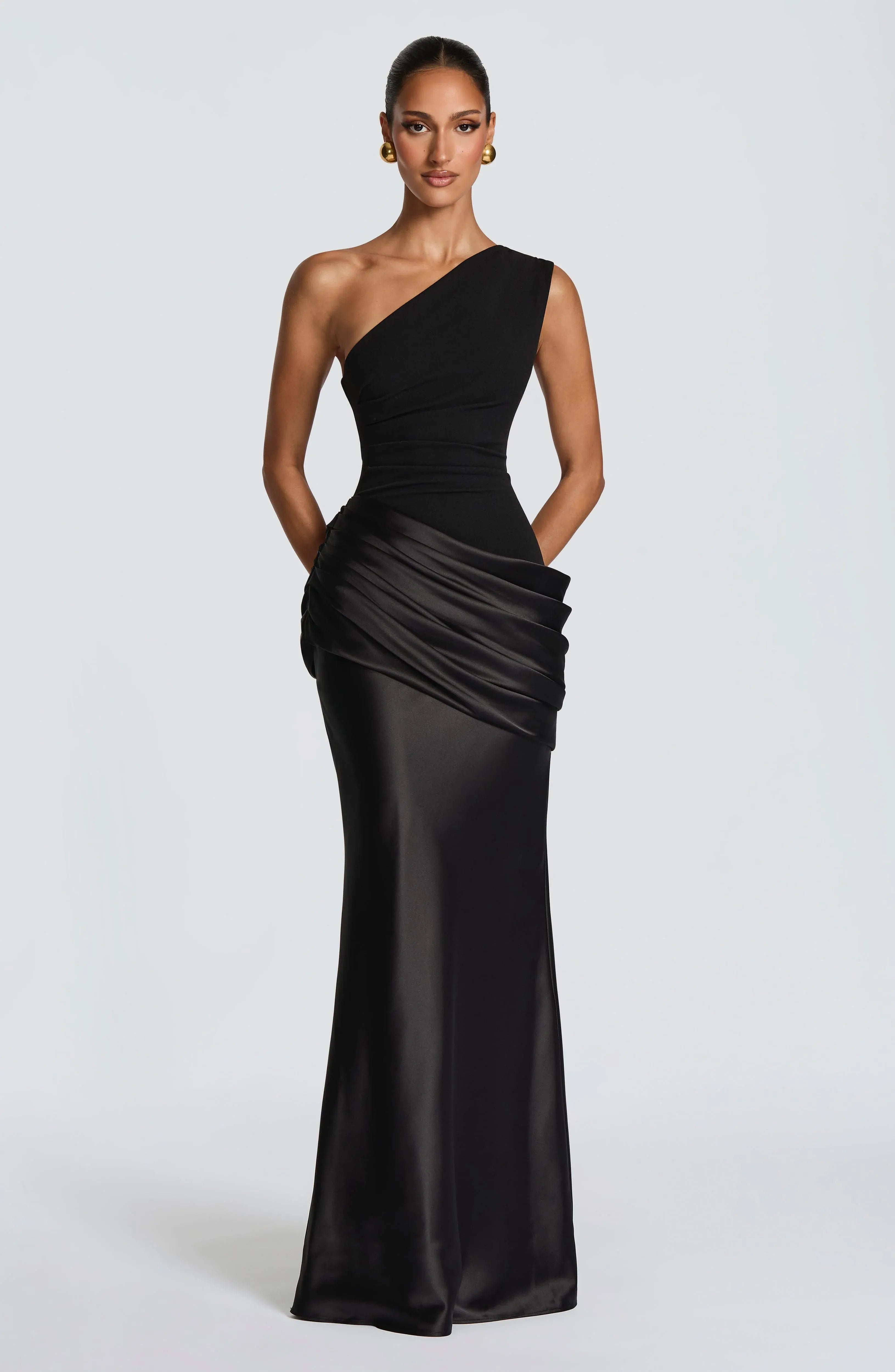 One Shoulder Two Tone Draped Waist Black Crepe Satin Mermaid Maxi Wedding Guest Dresses