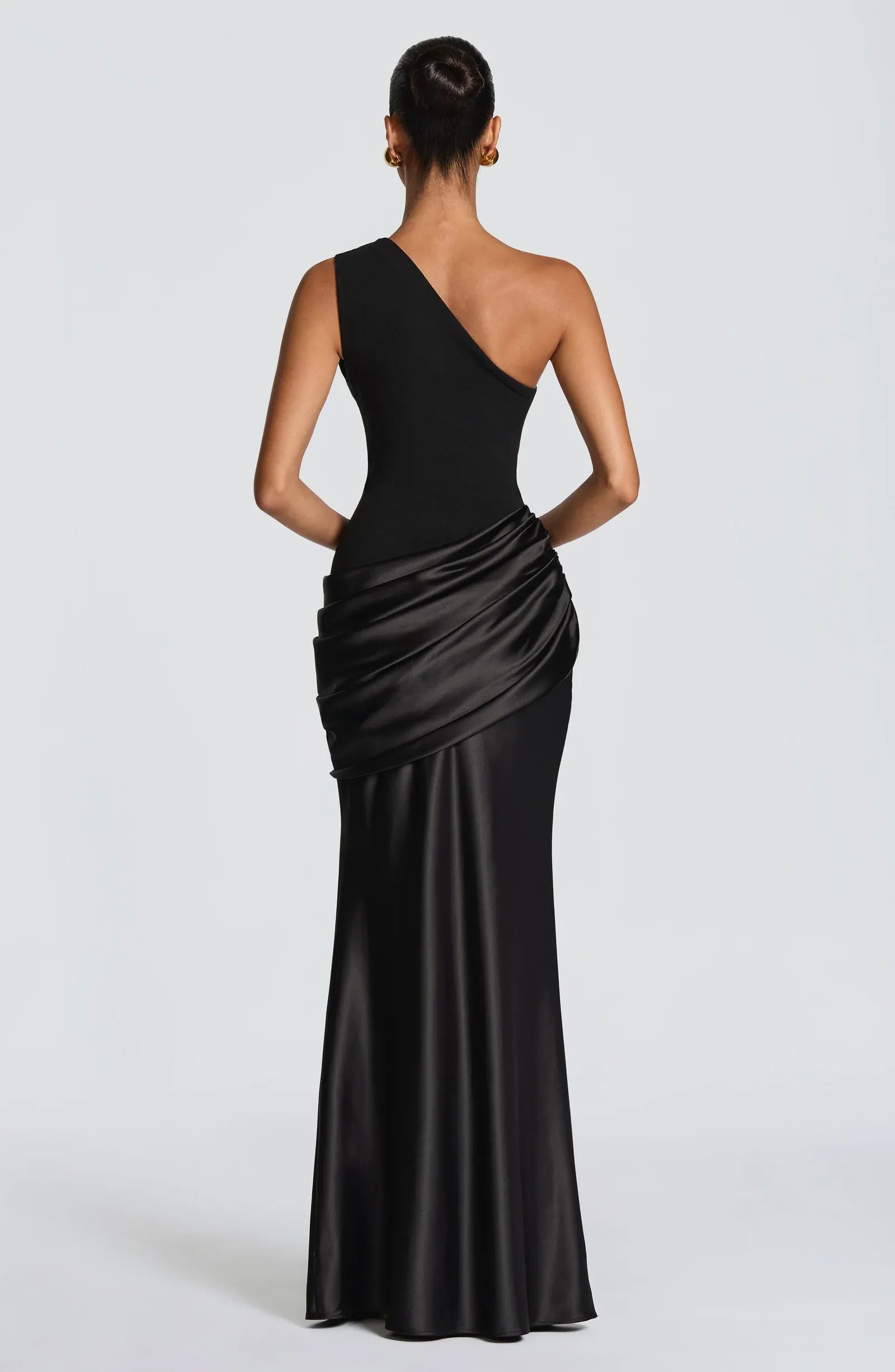 One Shoulder Two Tone Draped Waist Black Crepe Satin Mermaid Maxi Wedding Guest Dresses