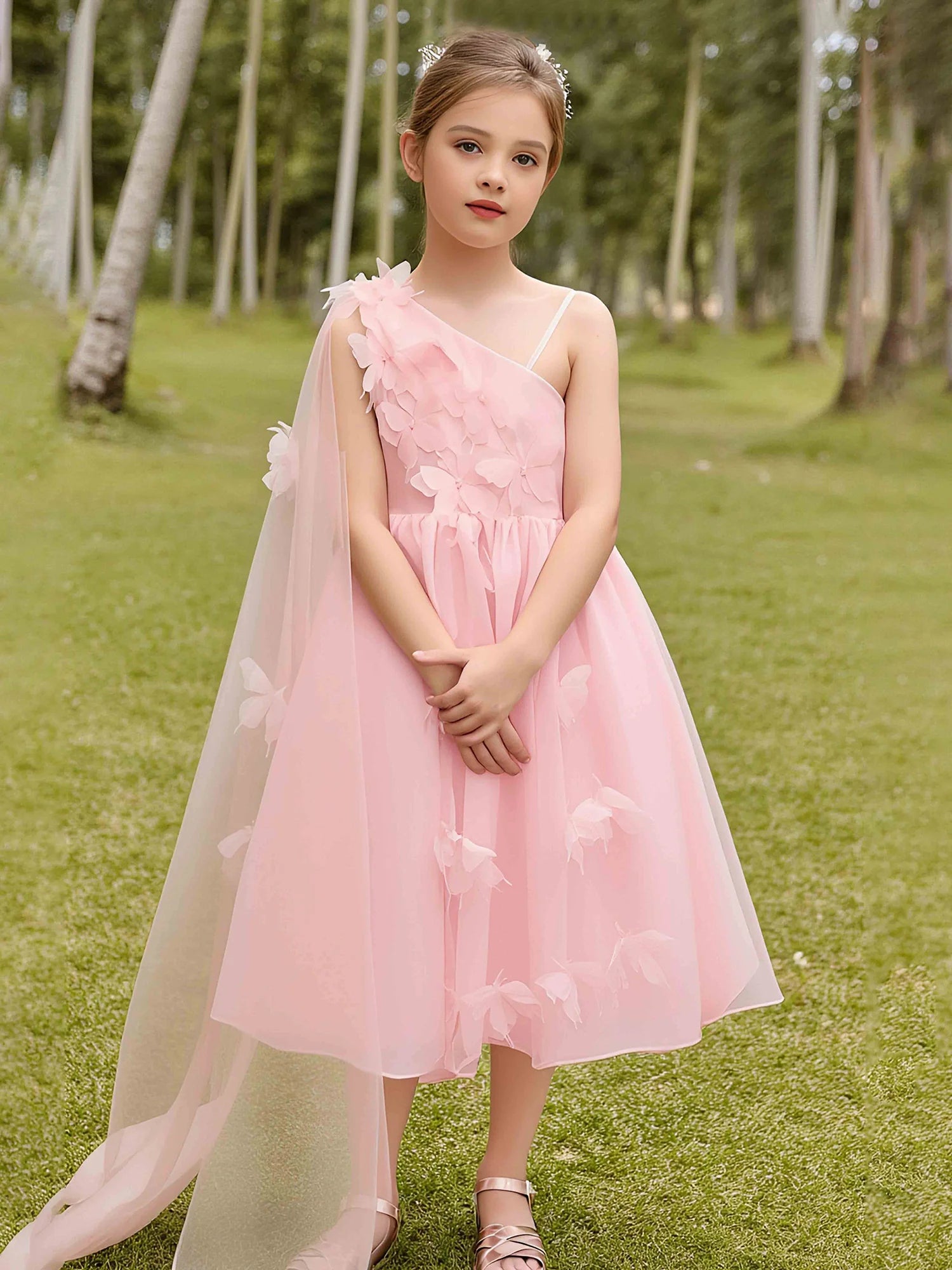 One Thin Strap Asymmetrical Shoulder Trailing Tulle 3D Butterfly Pink Tulle Midi Flower Girl Dresses