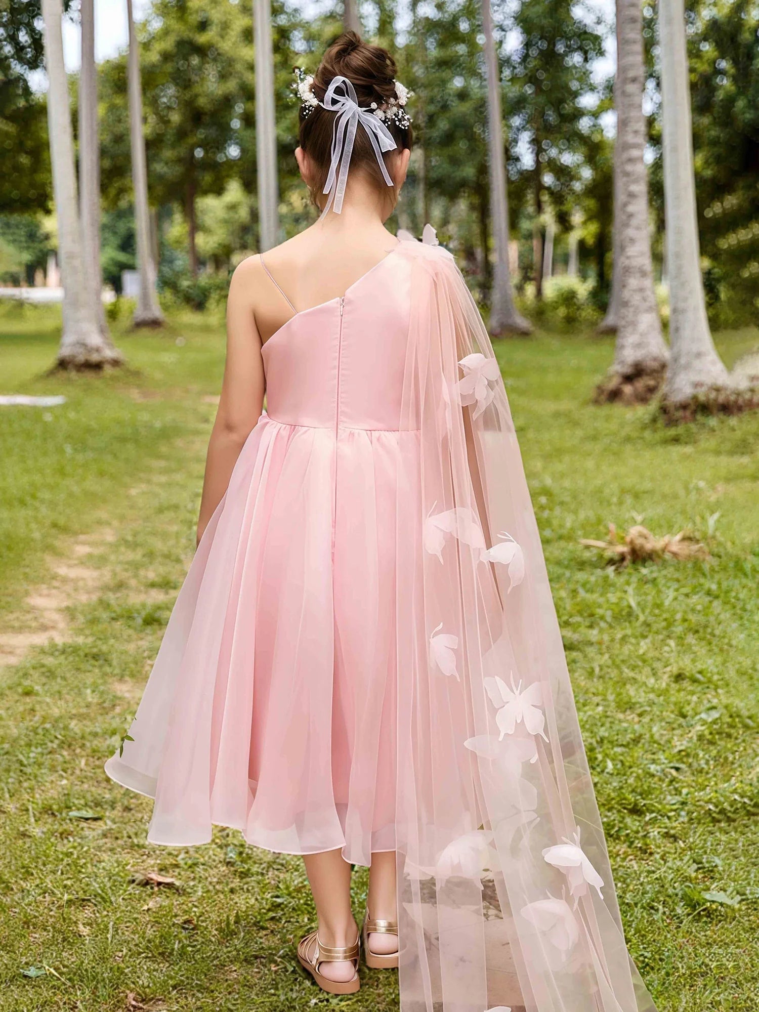 One Thin Strap Asymmetrical Shoulder Trailing Tulle 3D Butterfly Pink Tulle Midi Flower Girl Dresses