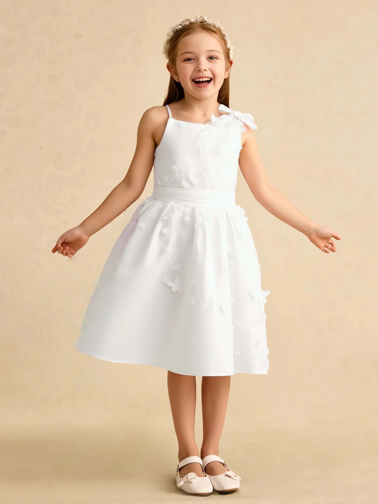 One Thin Strap Square Asymmetrical Back 3D Petal White Satin Midi Flower Girl Dresses