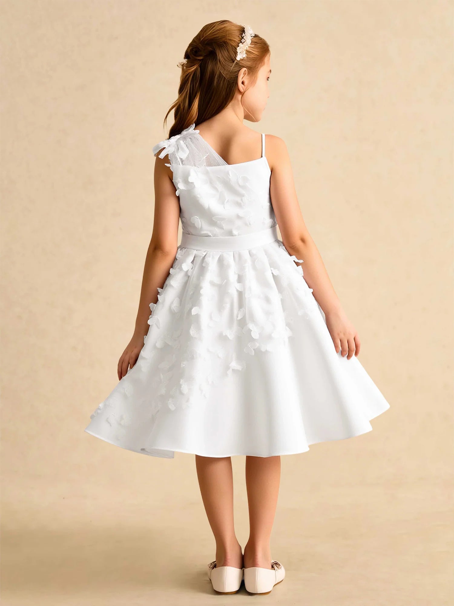 One Thin Strap Square Asymmetrical Back 3D Petal White Satin Midi Flower Girl Dresses