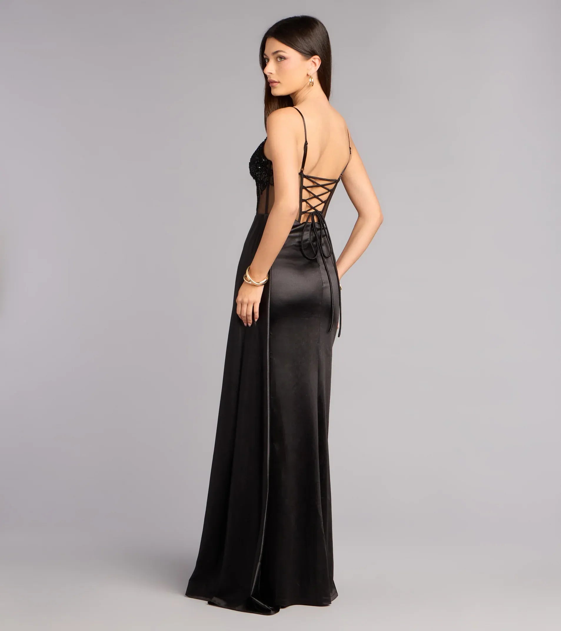 Opulent Column V-Neck Spaghetti Lace-Up-Back Slit Floor-Length Evening Gown