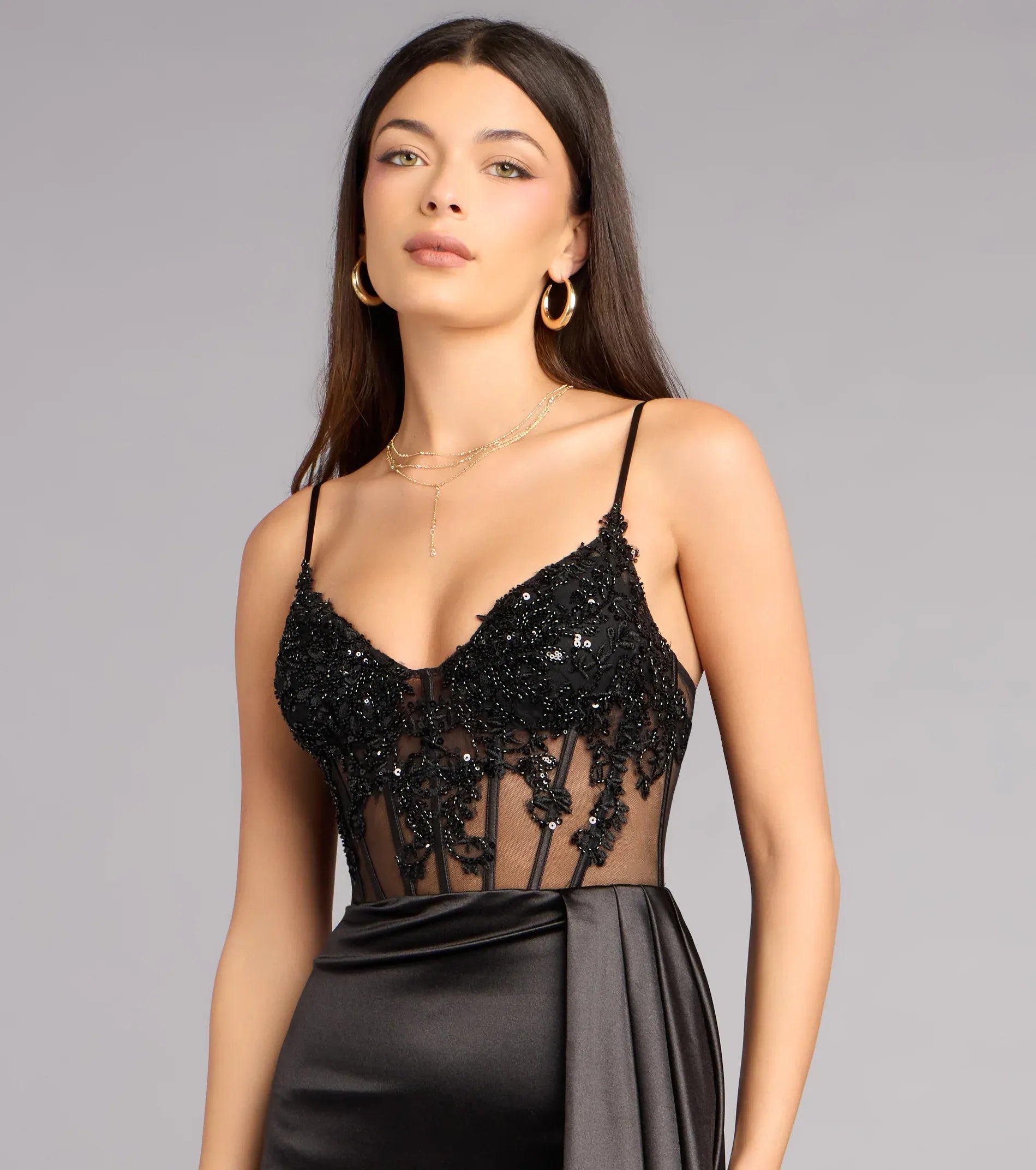 Opulent Column V-Neck Spaghetti Lace-Up-Back Slit Floor-Length Evening Gown