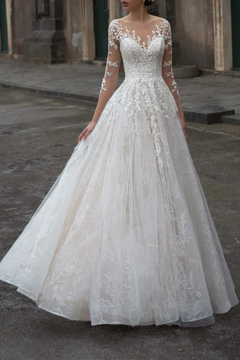 Opulent Illusion-Neck Three-Quarter-Sleeve A-Line Floor-Length Wedding Dress