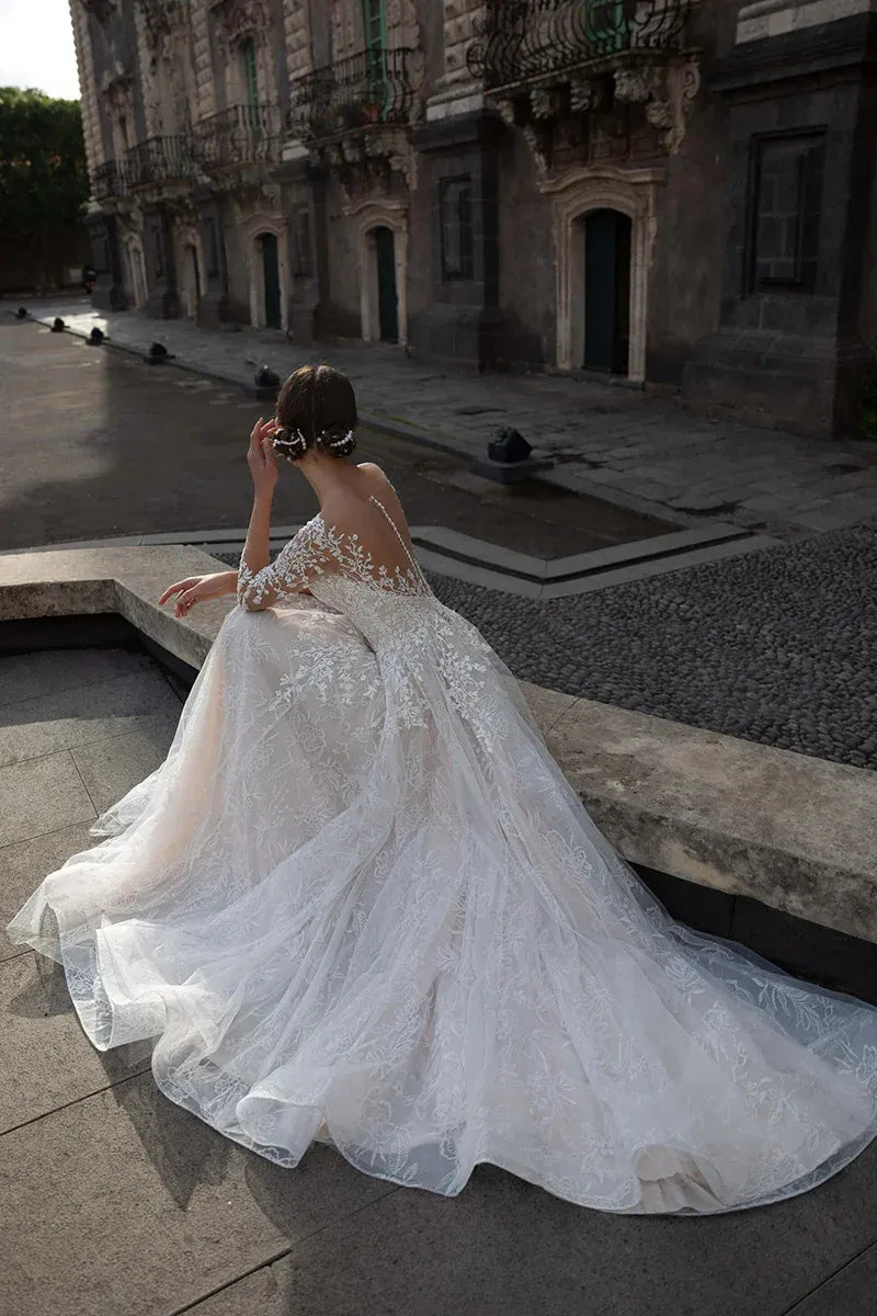 Opulent Illusion-Neck Three-Quarter-Sleeve A-Line Floor-Length Wedding Dress