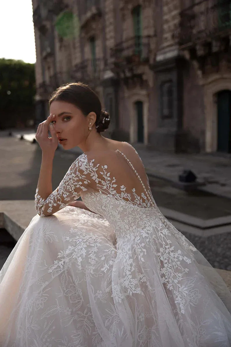 Opulent Illusion-Neck Three-Quarter-Sleeve A-Line Floor-Length Wedding Dress