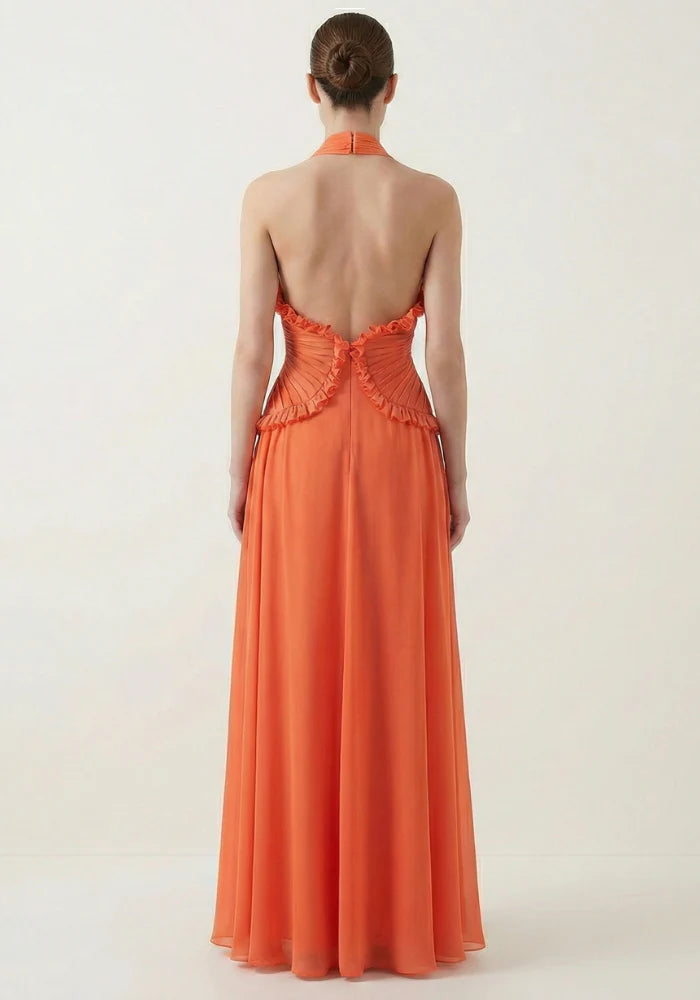 Orange Floor-Length Halter-Neck Ruffled Chiffon Wedding Guest Dress