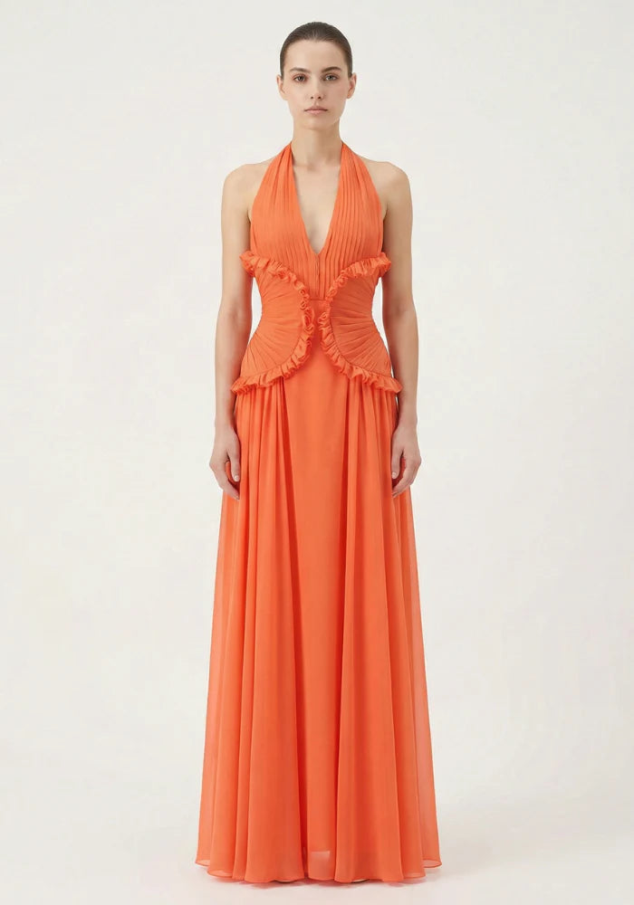 Orange Floor-Length Halter-Neck Ruffled Chiffon Wedding Guest Dress