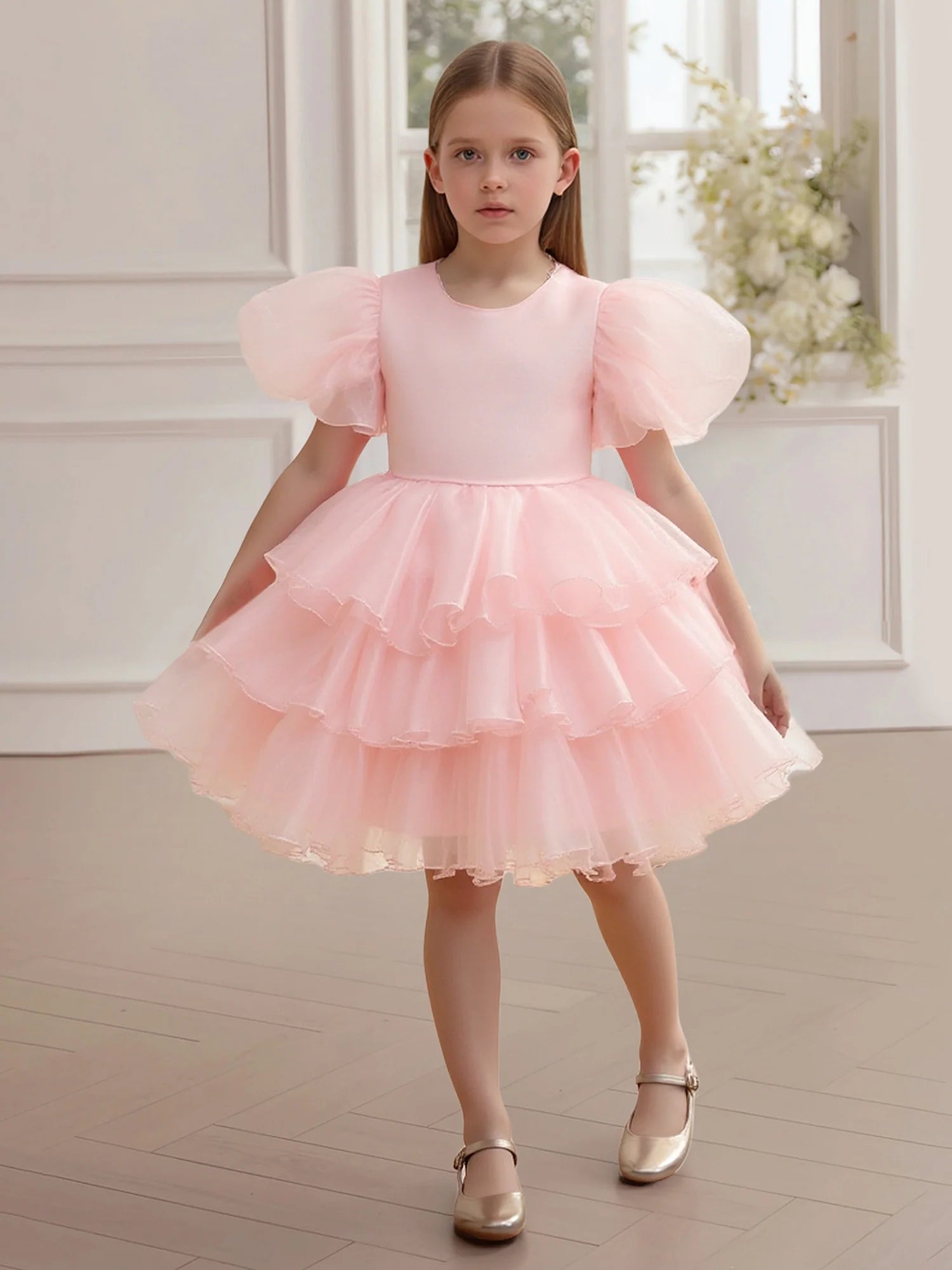 Organza Puff Short Sleeve Solid Back Large Satin Bow Multi-Layer Ruffle Pink Tulle Midi Flower Girl Dresses