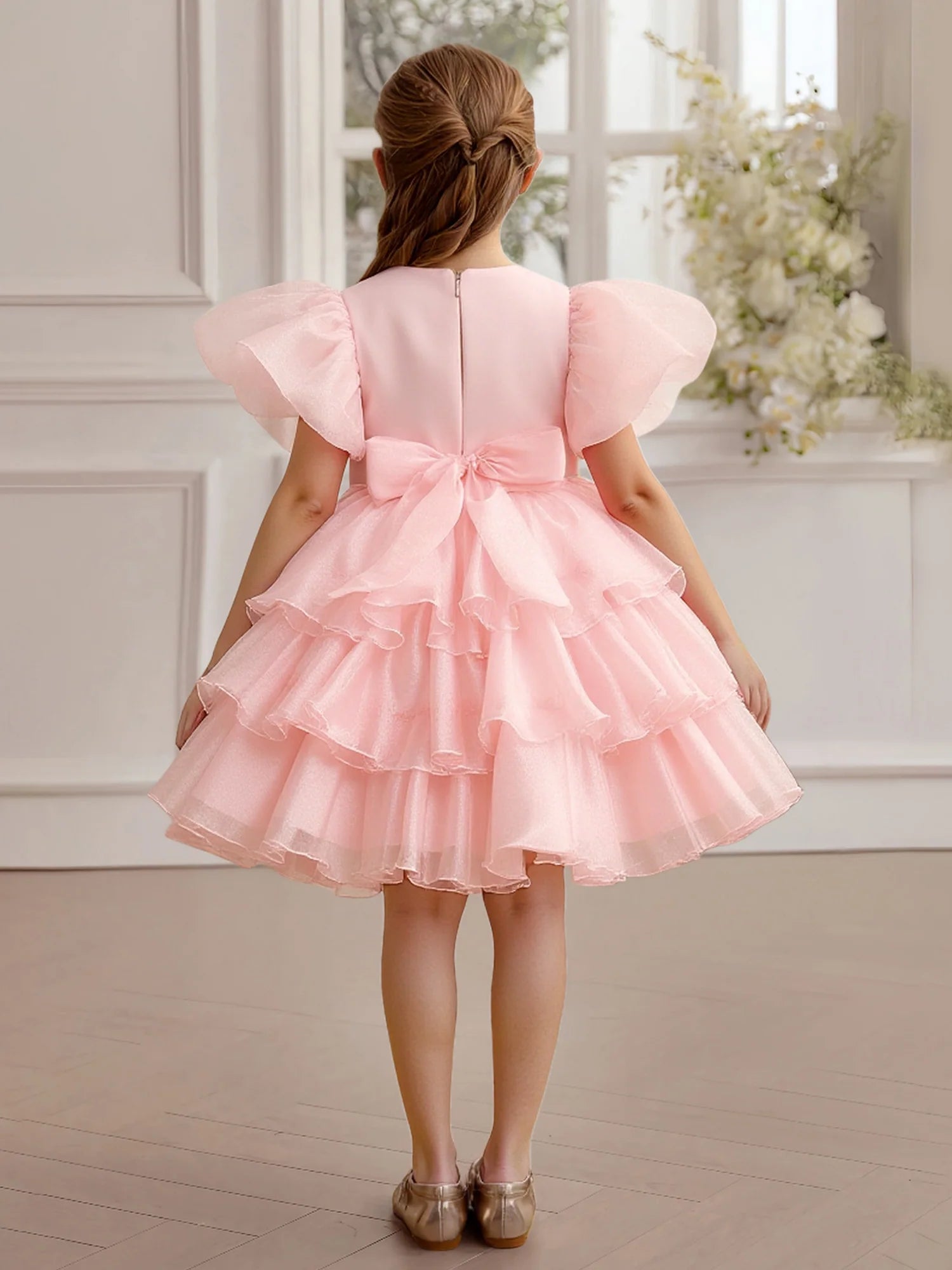 Organza Puff Short Sleeve Solid Back Large Satin Bow Multi-Layer Ruffle Pink Tulle Midi Flower Girl Dresses