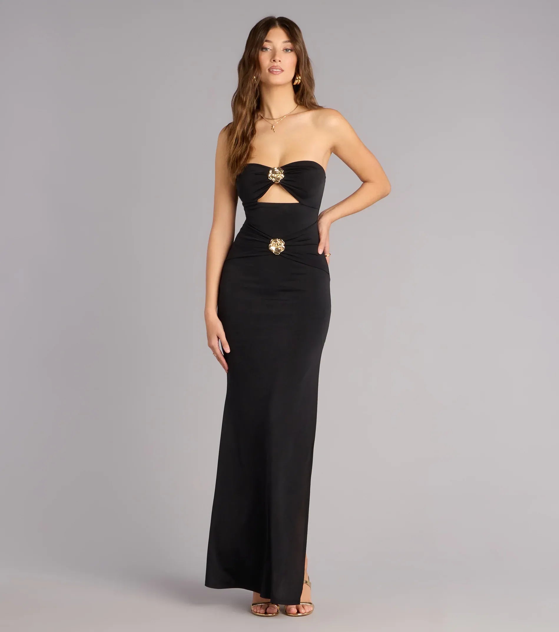 Ornate Column Strapless Sleeveless Solid-Back Cutout Slit Maxi Wedding Guest Dress