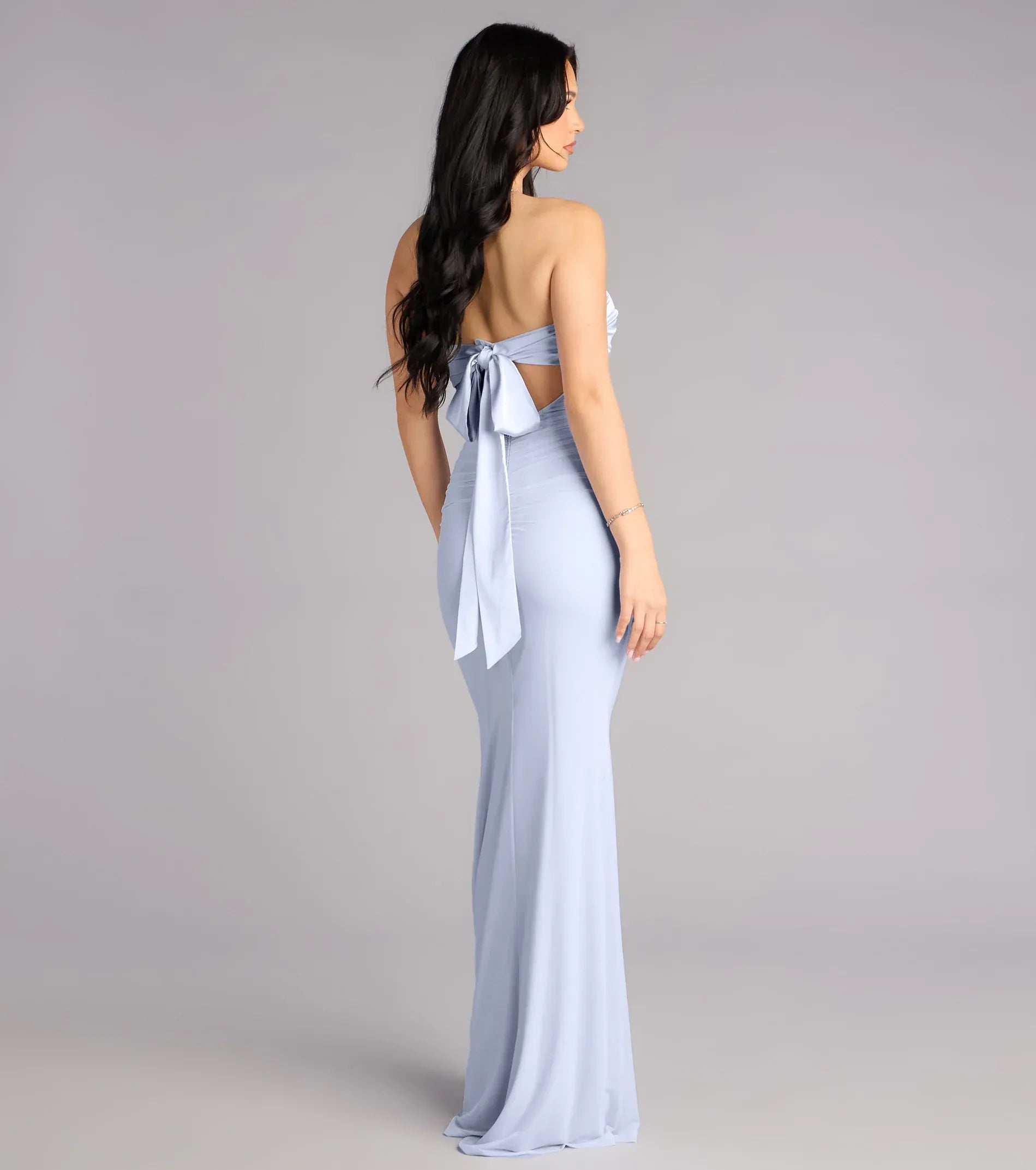 Pale Blue Mermaid Strapless Sweetheart Sleeveless Bow Back Floor Length Wedding Guest Dresses