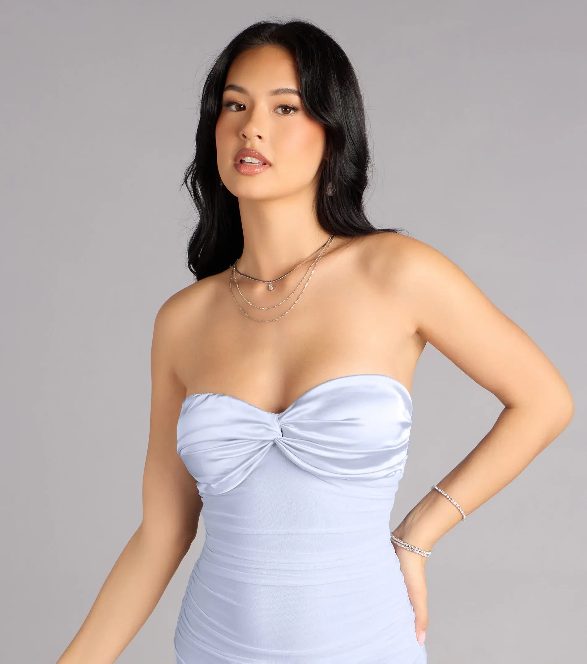 Pale Blue Mermaid Strapless Sweetheart Sleeveless Bow Back Floor Length Wedding Guest Dresses