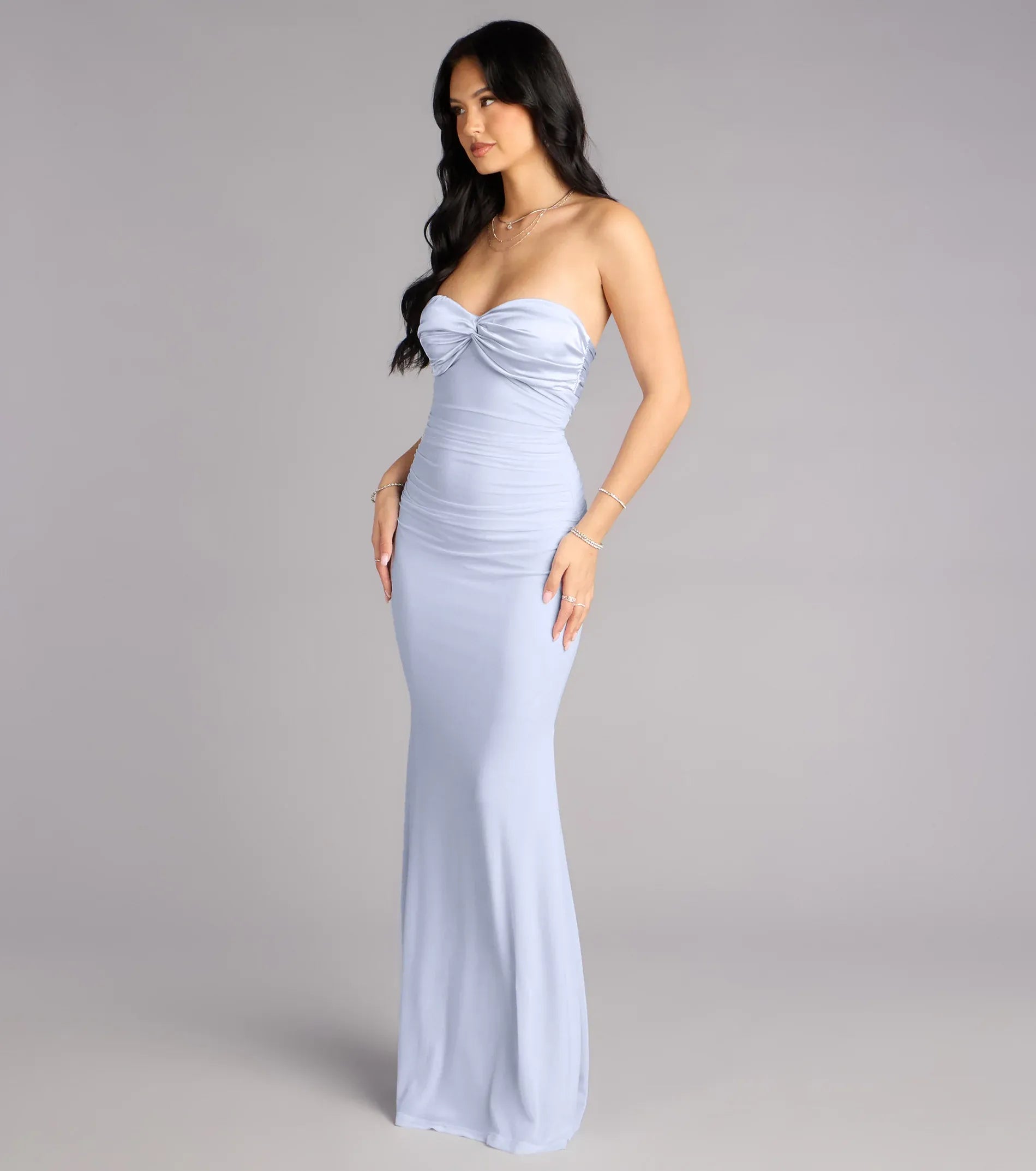 Pale Blue Mermaid Strapless Sweetheart Sleeveless Bow Back Floor Length Wedding Guest Dresses