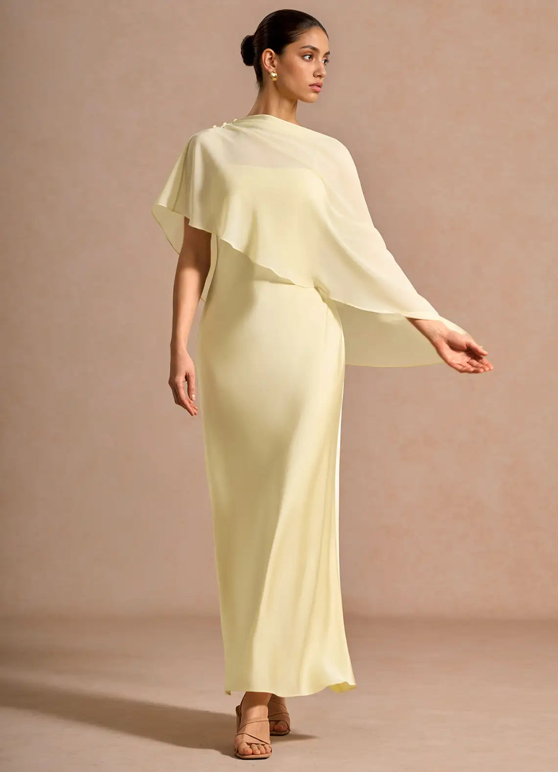 Pale Yellow Asymmetric Cape Overlay Column Satin Midi Wedding Guest Dress