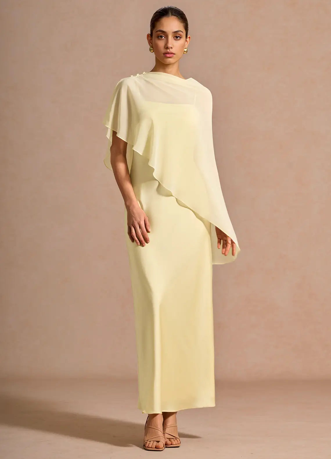 Pale Yellow Asymmetric Cape Overlay Column Satin Midi Wedding Guest Dress