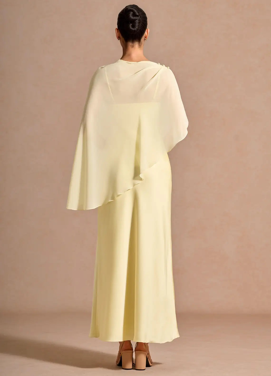 Pale Yellow Asymmetric Cape Overlay Column Satin Midi Wedding Guest Dress