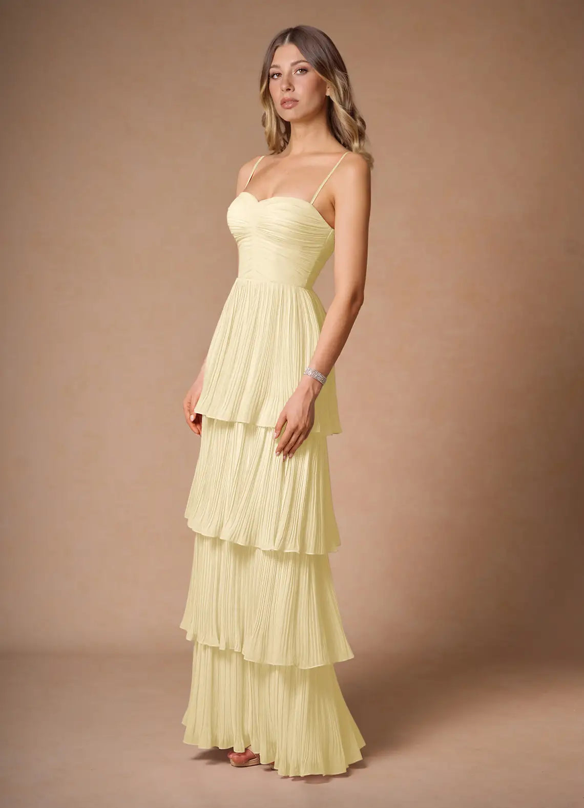 Pale Yellow Convertible Spaghetti Strap Strapless Tiered Pleated Chiffon Maxi Bridesmaid Dress