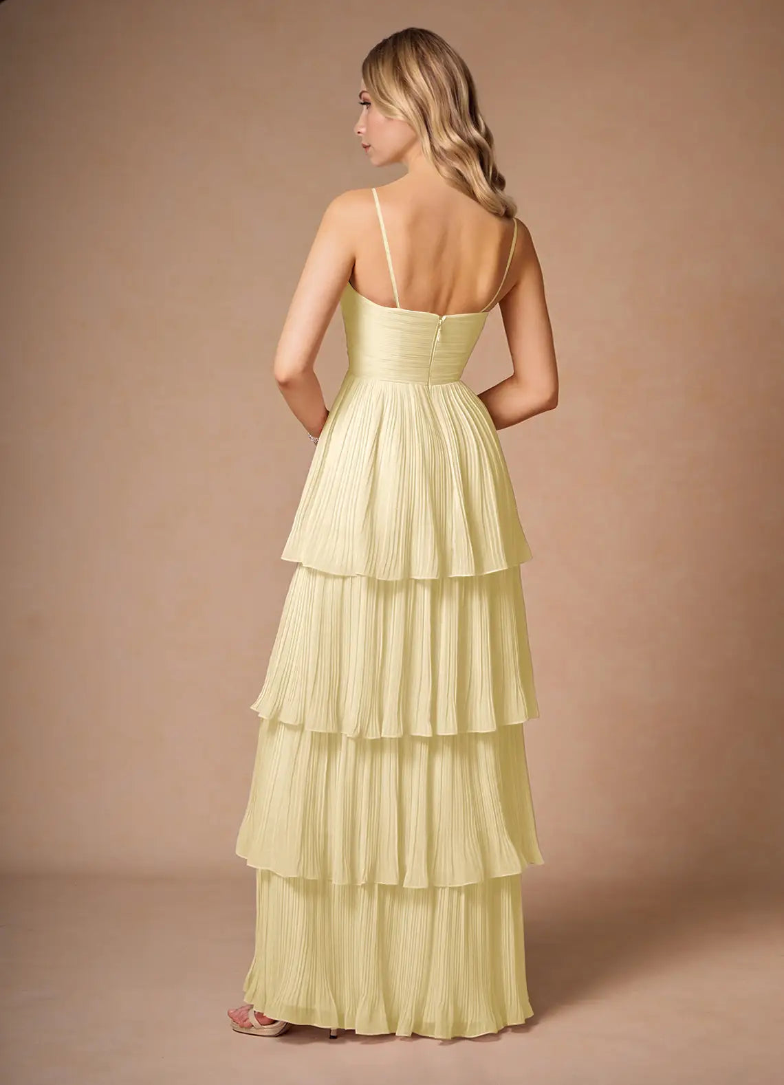 Pale Yellow Convertible Spaghetti Strap Strapless Tiered Pleated Chiffon Maxi Bridesmaid Dress