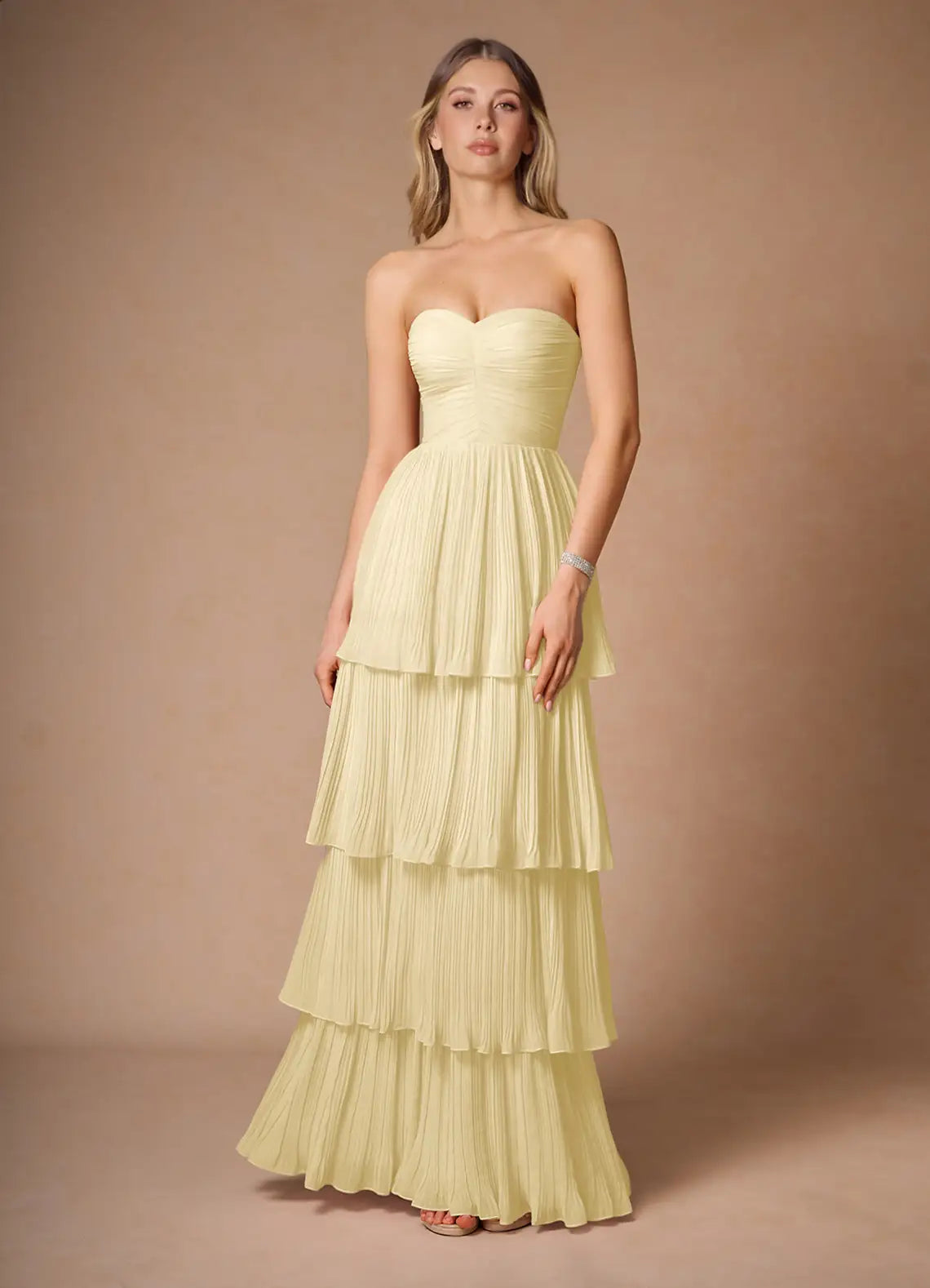 Pale Yellow Convertible Spaghetti Strap Strapless Tiered Pleated Chiffon Maxi Bridesmaid Dress