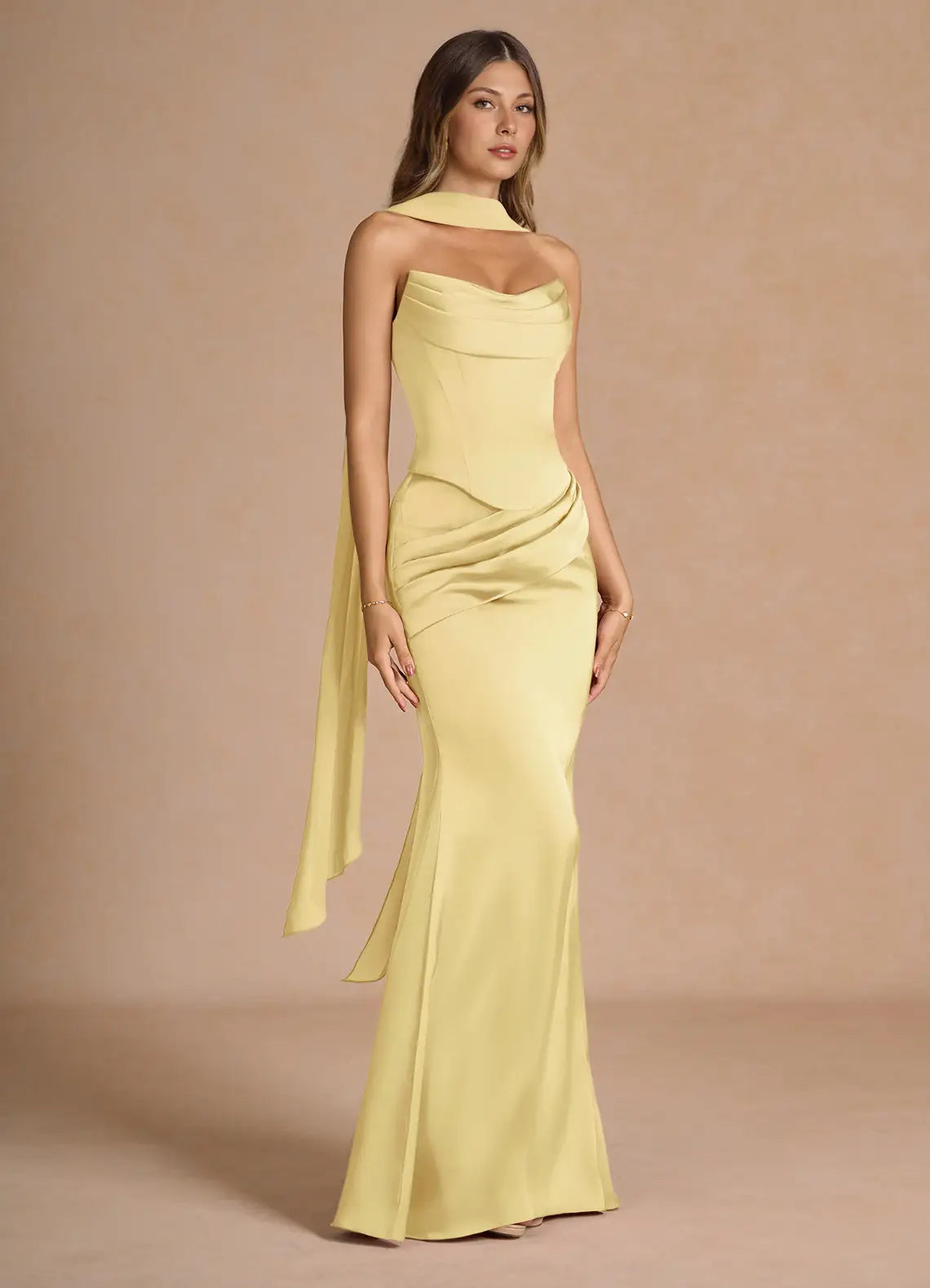 Pale Yellow Convertible Strapless Corset Draped Sash Mermaid Maxi Wedding Guest Dress